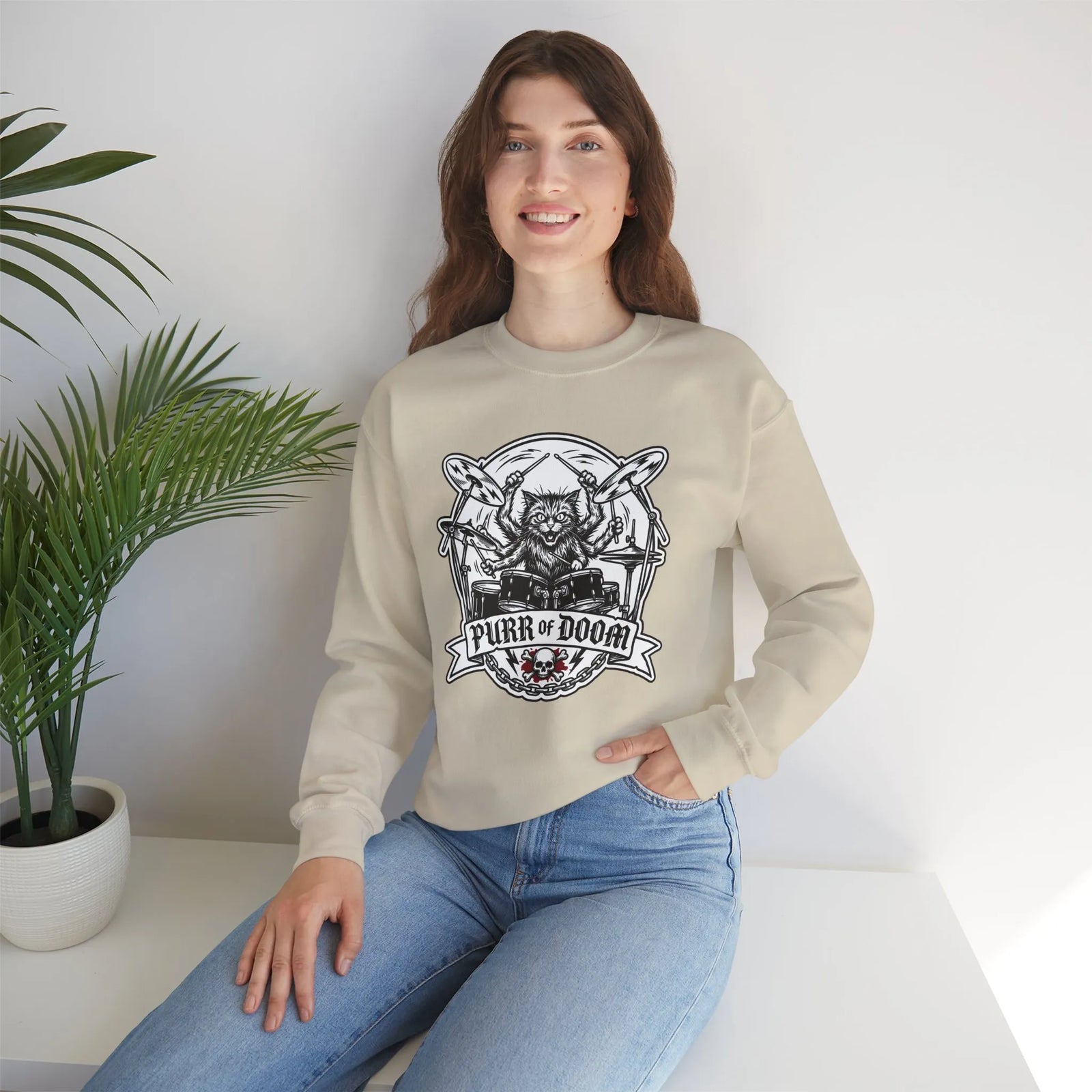 Heavy Metal Rocker Cats Drummer Sweatshirt - Heavy Blend Cotton Blend Crewneck - Unisex White