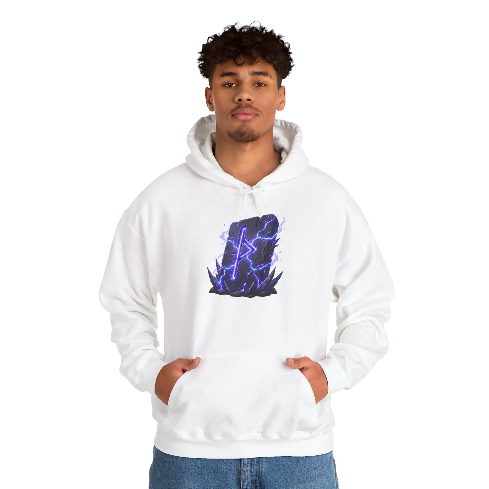 Thurisaz Rune Lightning Graphic Hoodie - Heavy Blend Fleece Pullover - Unisex White