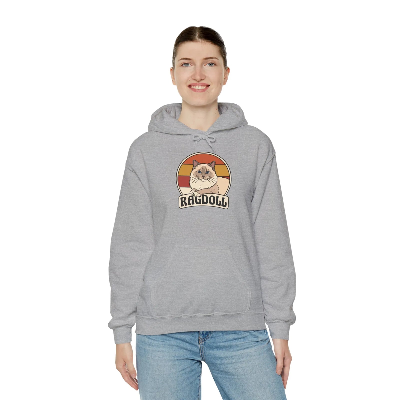 Ragdoll Cat Retro 70s Sunset Hoodie - Soft Blend Fleece Pullover Hoodie - Unisex White
