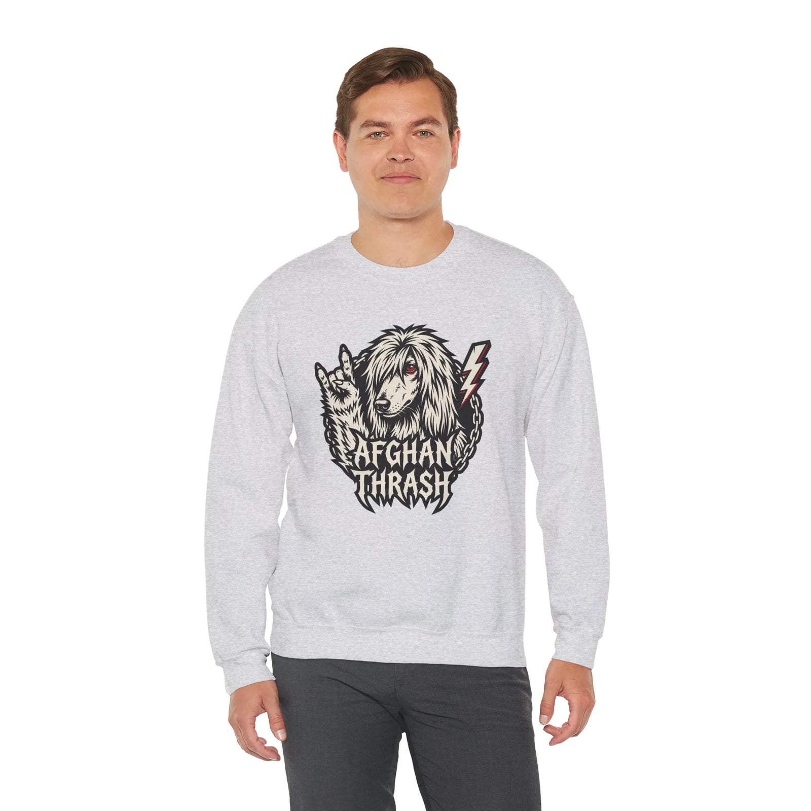 Headbanger Heavy Metal Dog Graphic Sweatshirt - Heavyweight Cotton Blend Fleece - Unisex White