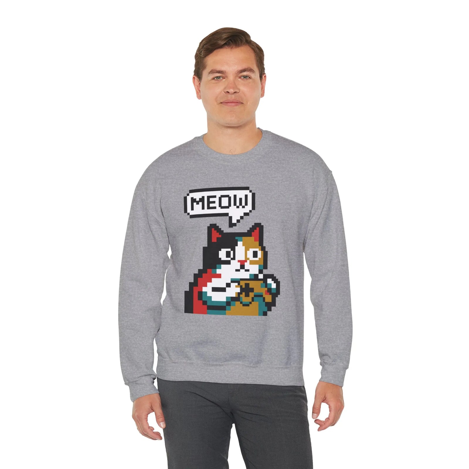 8-Bit Pixel Gaming Cat Sweatshirt - Heavy Blend Crewneck Classic Fit - Unisex White