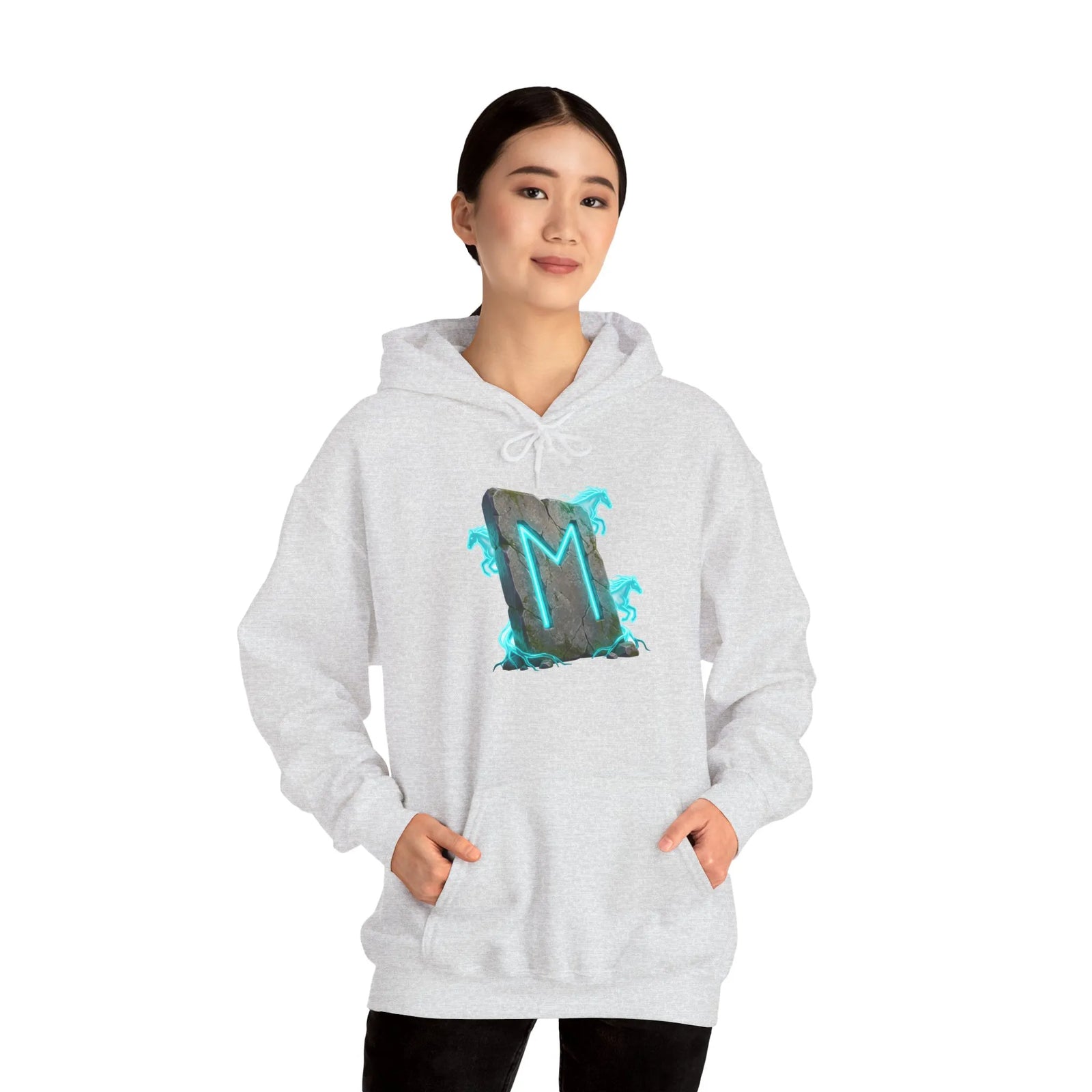 Norse Ehwaz Rune Spirit Horses Hoodie - Heavy Blend Fleece Pullover - Unisex White