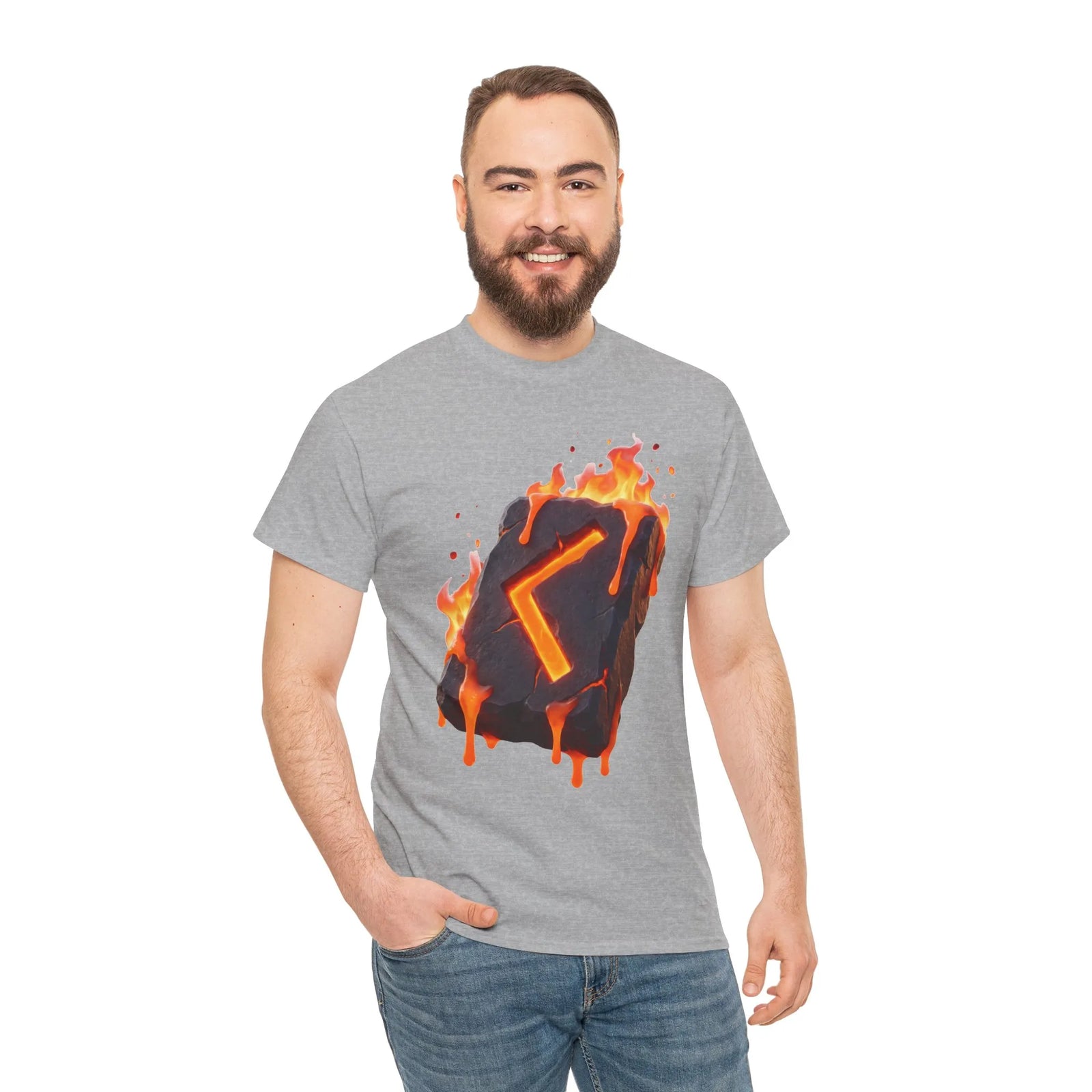 Kenaz Rune Torch Flame T-Shirt - Heavy Cotton Classic Fit Tee - Unisex White