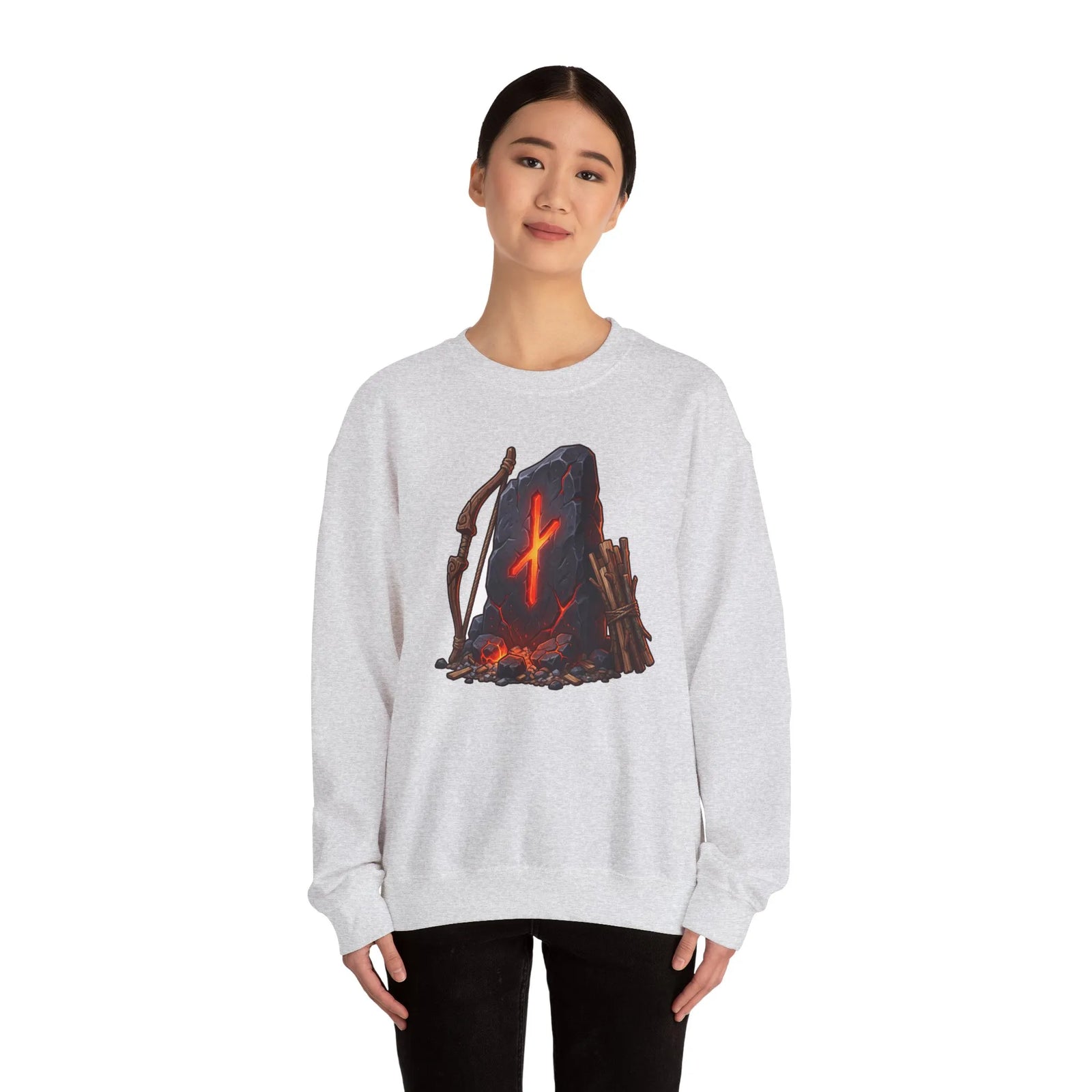 Nauthiz Rune Need-Fire Graphic Sweatshirt - Heavy Blend Crewneck Fleece - Unisex White