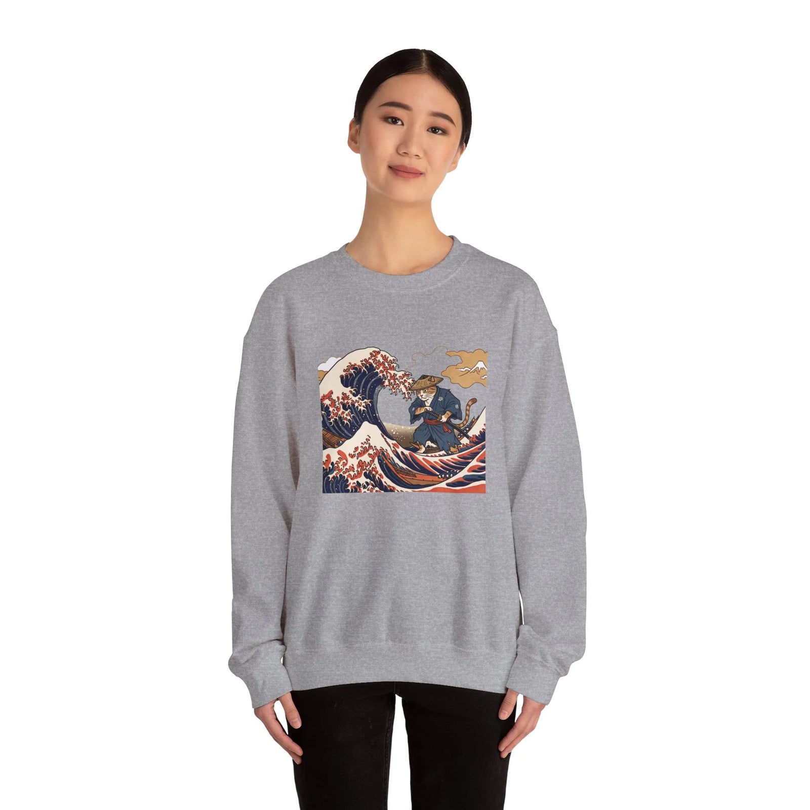 Ukiyo-e Samurai Cat Great Wave Sweatshirt - Heavy Blend Cotton Blend Crewneck - Unisex White
