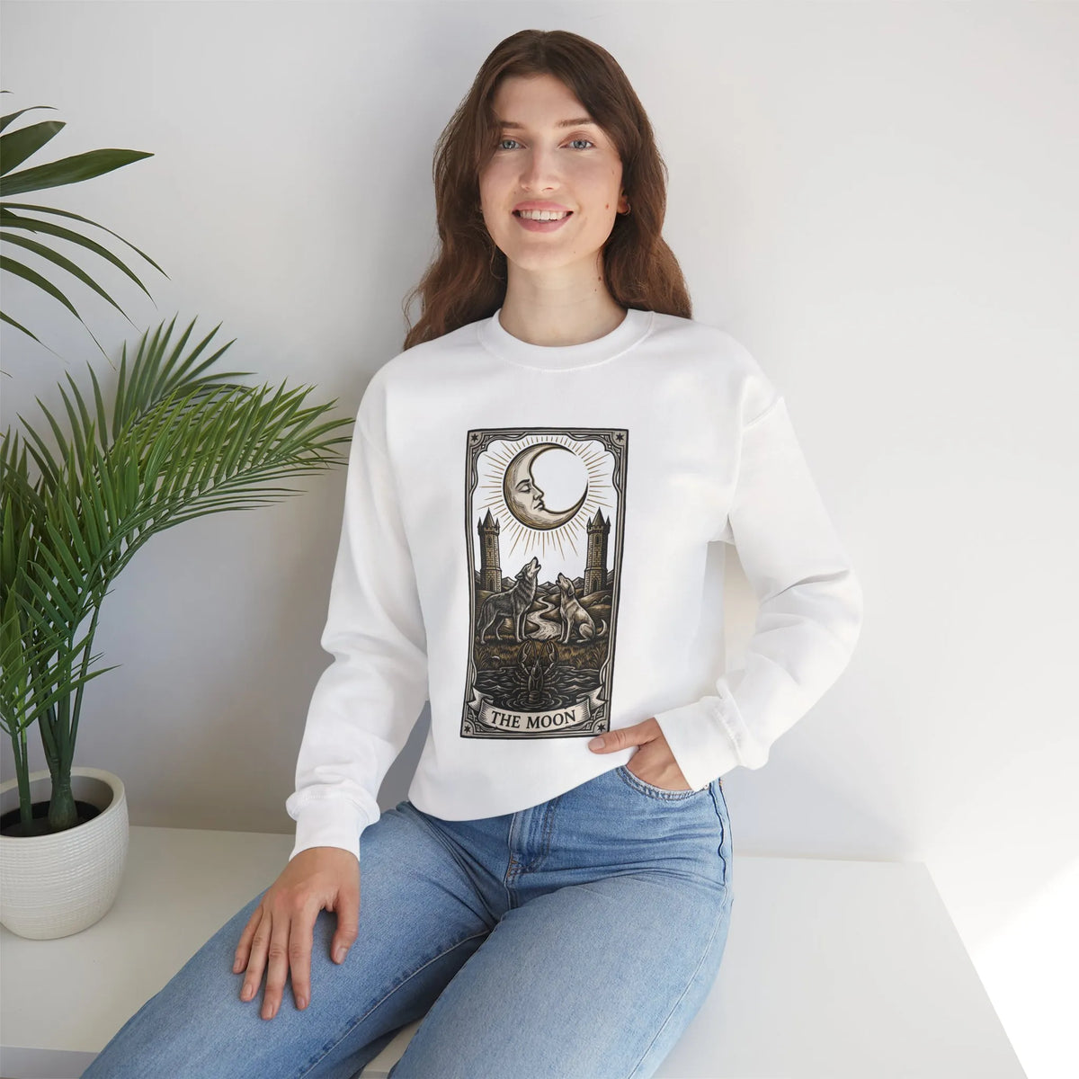 Moon Tarot Card Wolves Graphic Sweatshirt - Heavy Blend Fleece Crewneck - Unisex White