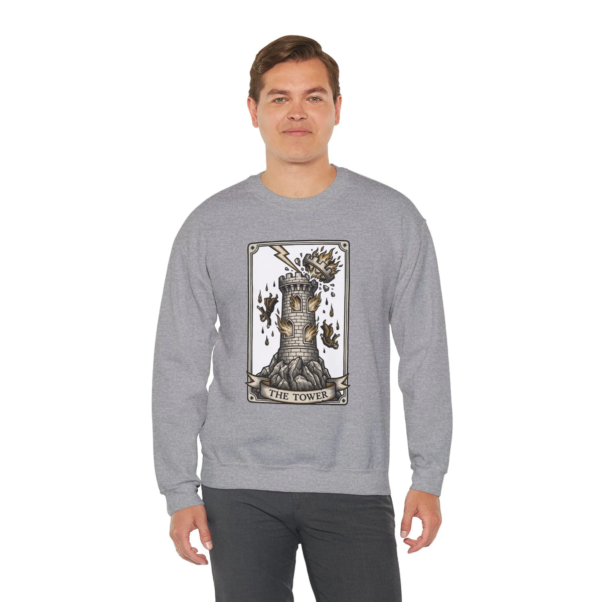 The Tower Tarot Card Sweatshirt - Heavy Blend Fleece Crewneck - Unisex White