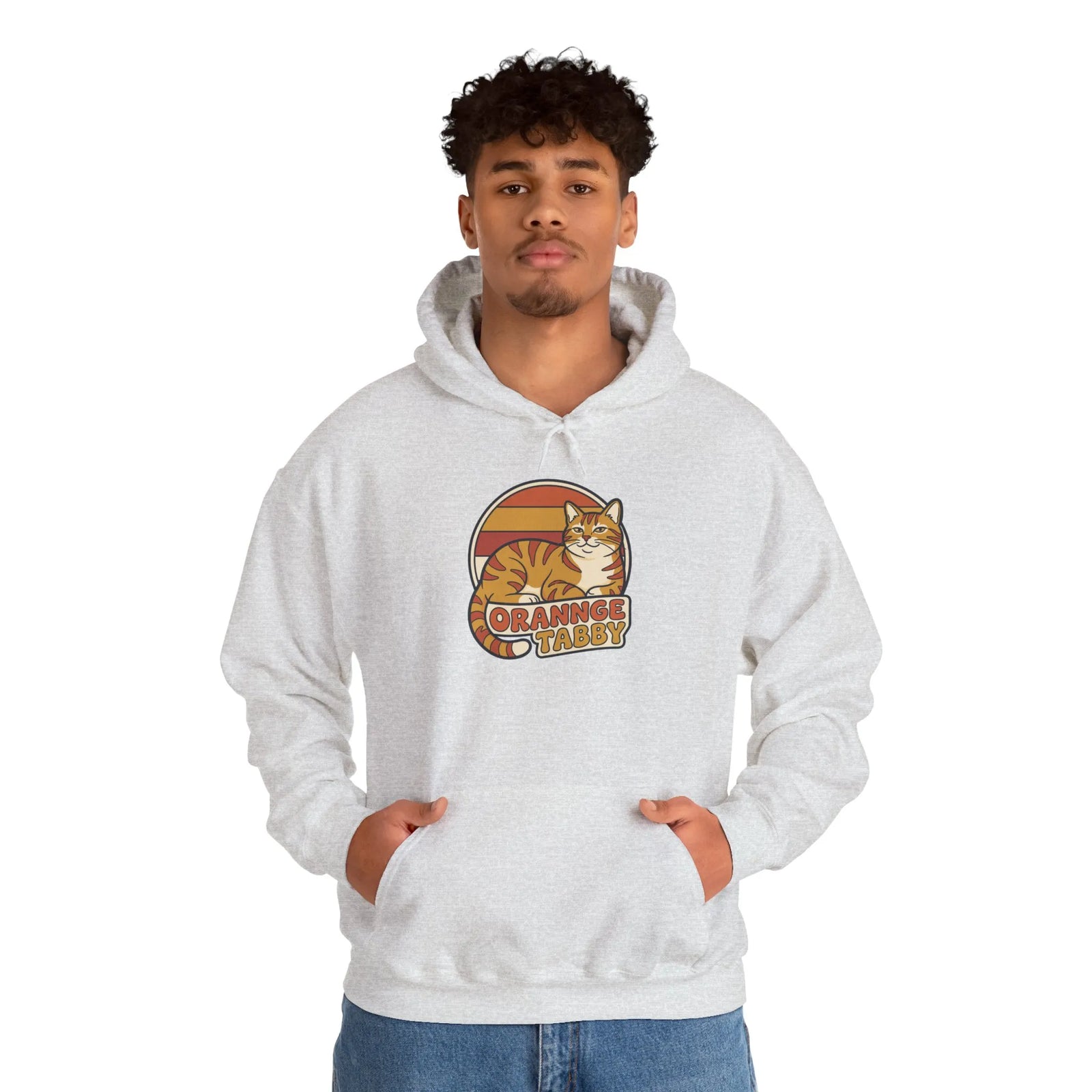 Orange Tabby Retro 70s Sunset Hoodie - Cozy Cotton Blend Pullover - Unisex White