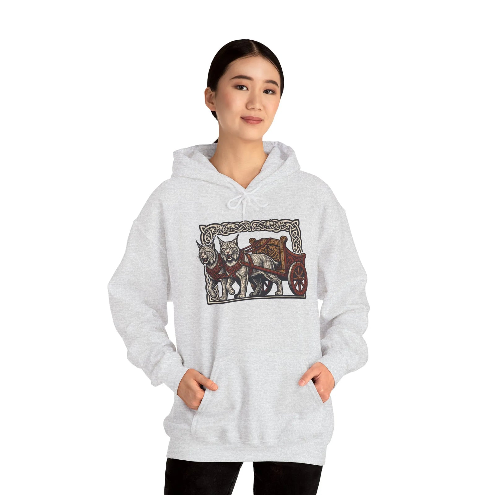 Freyja's Sacred Cats Chariot Graphic Hoodie - Cozy Fleece Pullover Hoodie - Unisex Off White