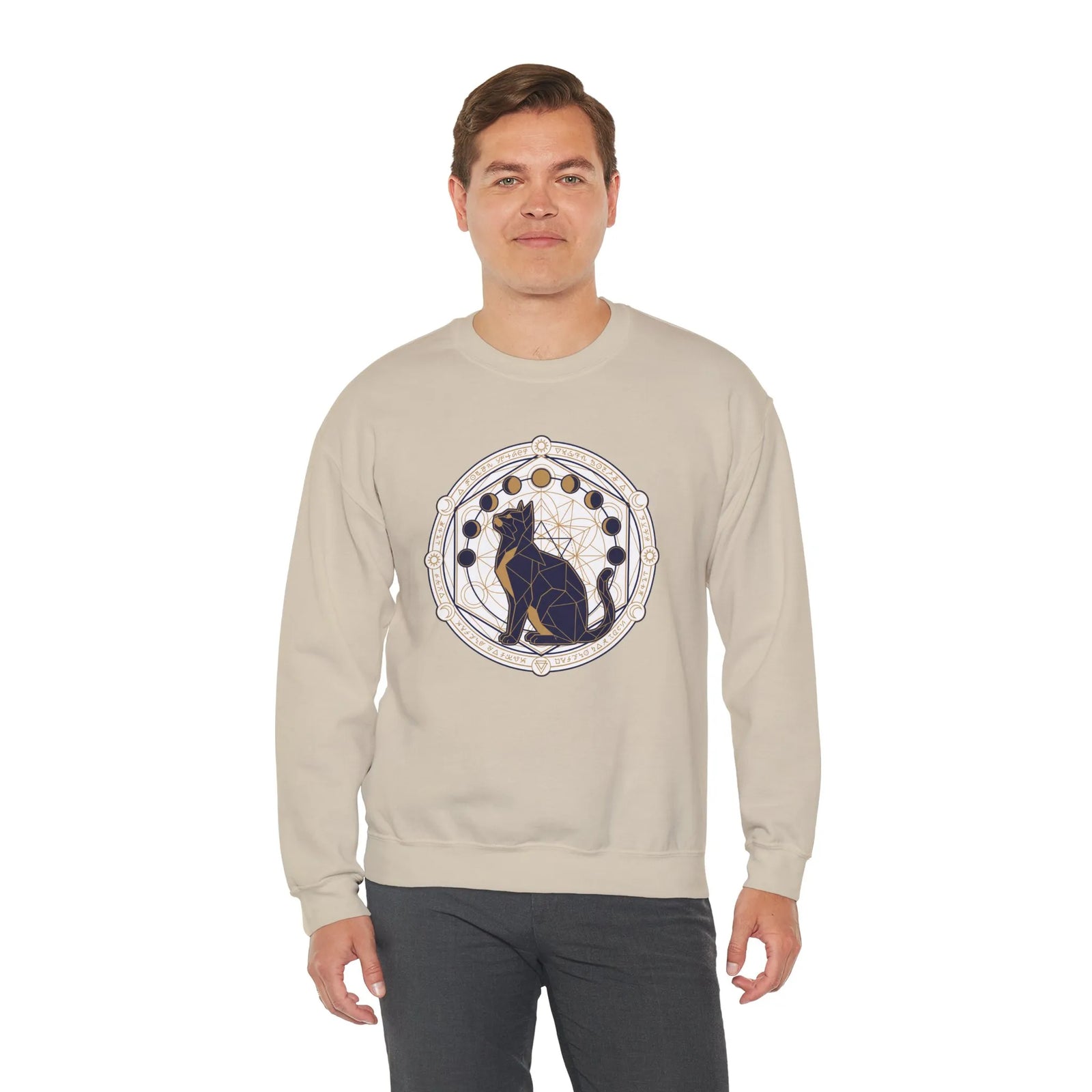 Moon Phases Sacred Geometry Cat Sweatshirt - Heavy Blend Cotton Polyester Crewneck - Unisex White