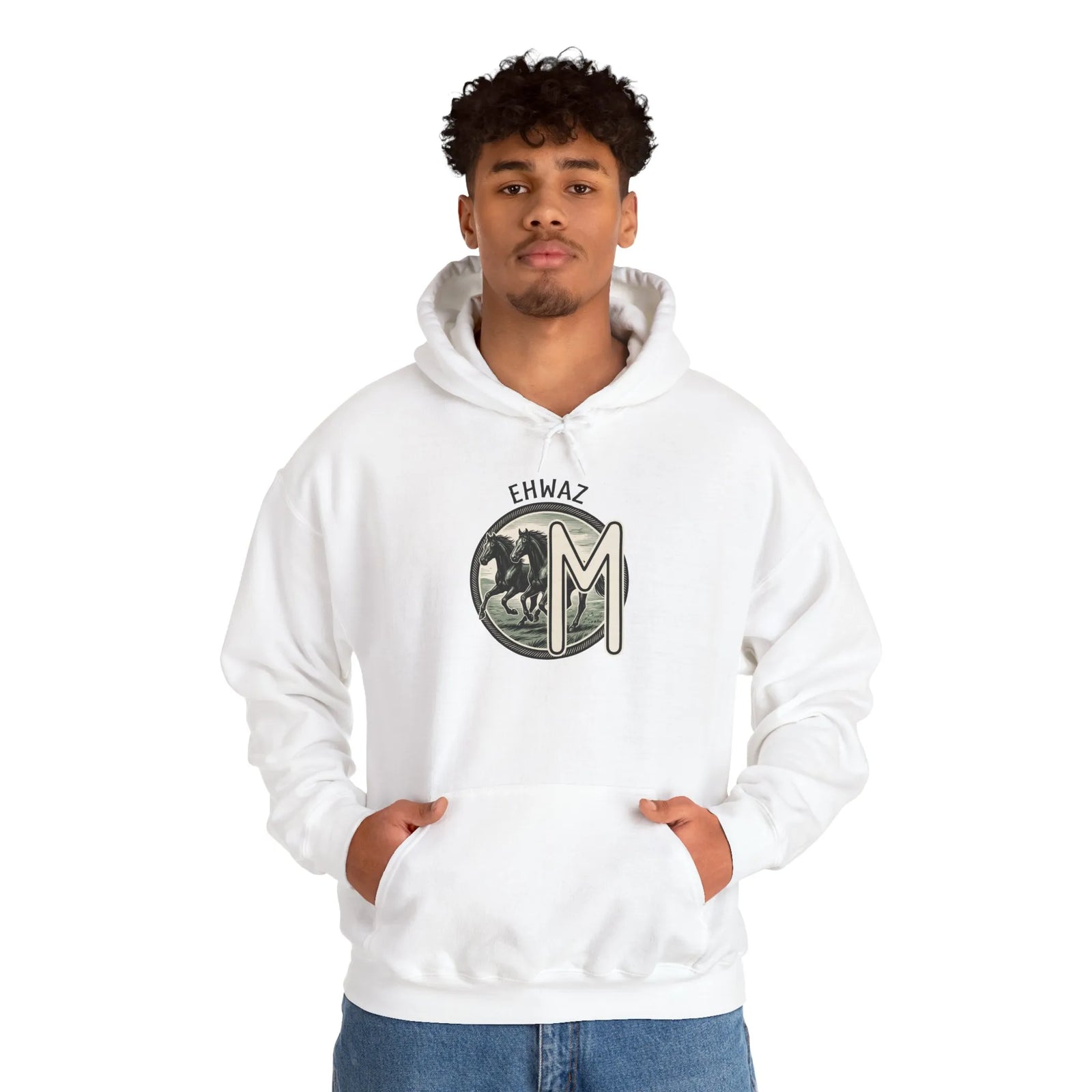 Ehwaz Divine Twins Horse Rider Hoodie - Medium-Heavy Cotton Blend Hoodie - Unisex White