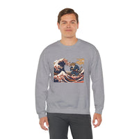 Ukiyo-e Samurai Cat Great Wave Sweatshirt - Heavy Blend Cotton Blend Crewneck - Unisex White
