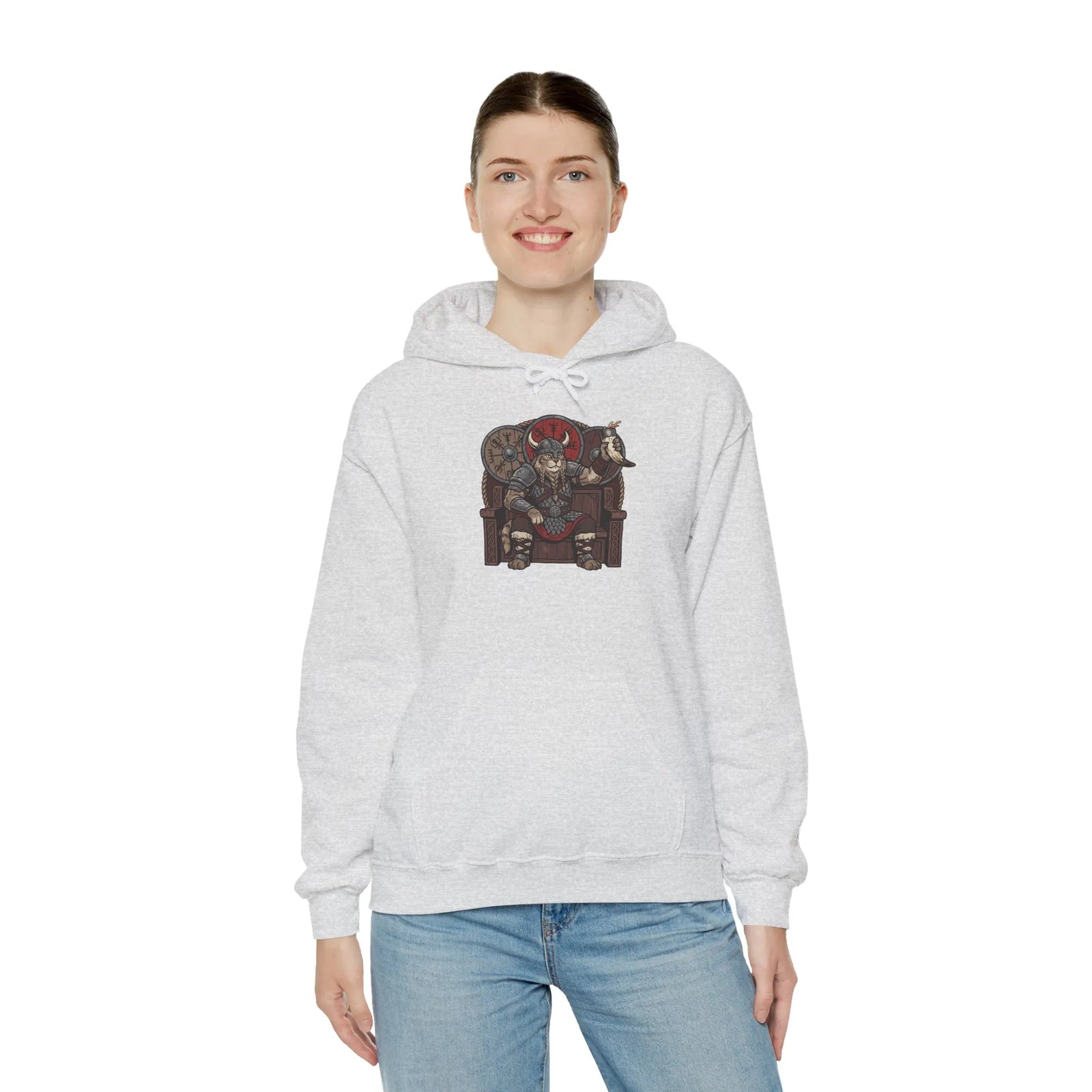 Viking Berserker Cat Graphic Hoodie - Cozy Heavy Blend Fleece Pullover - Unisex Sport Grey