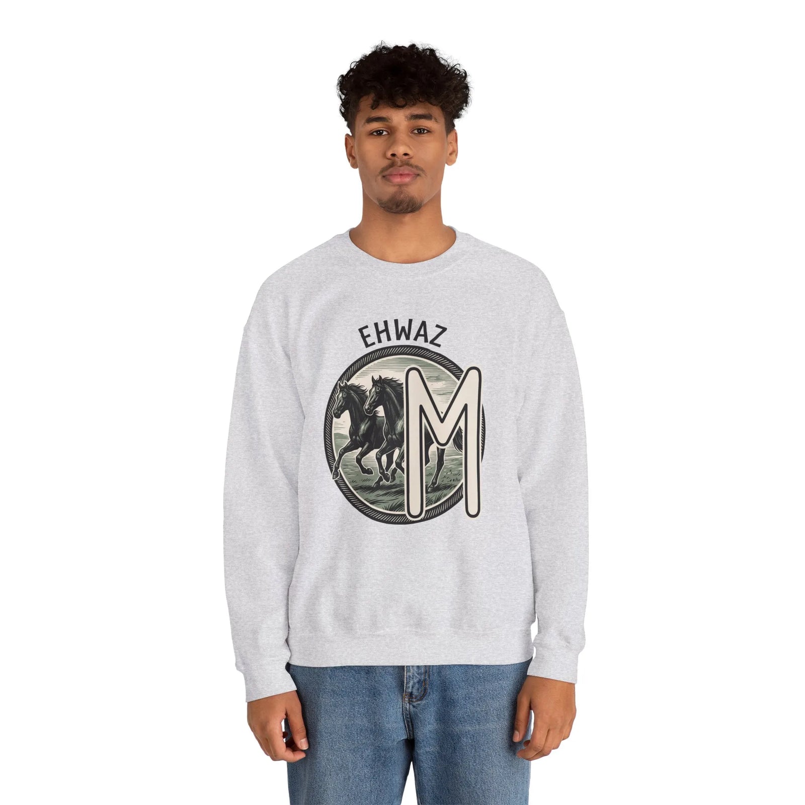 Ehwaz Divine Twins Horse Sweatshirt - Heavy Blend Cotton Blend Crewneck - Unisex White