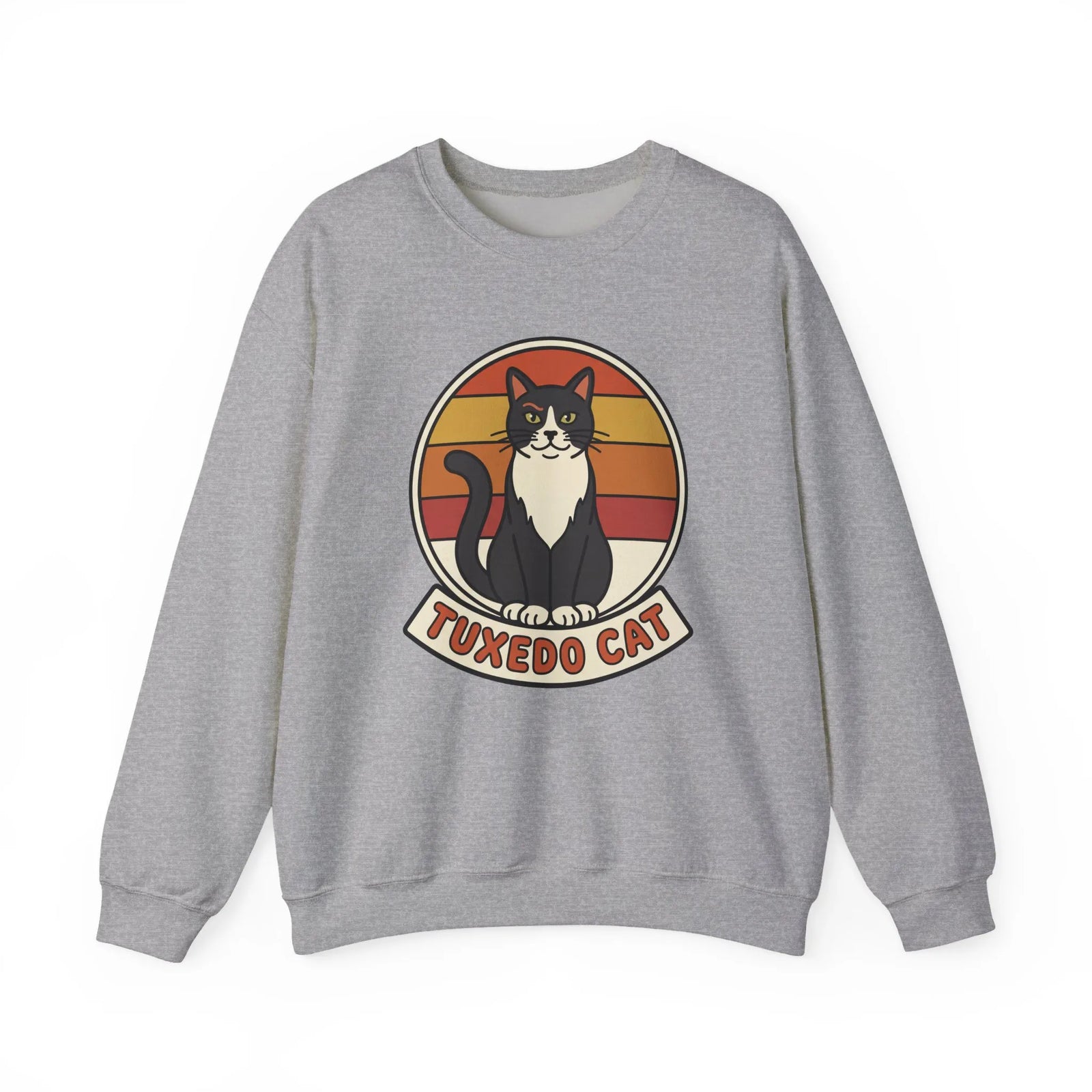 Tuxedo Cat Retro Sunset Sweatshirt - Heavy Blend Fleece Crewneck - Unisex Ash