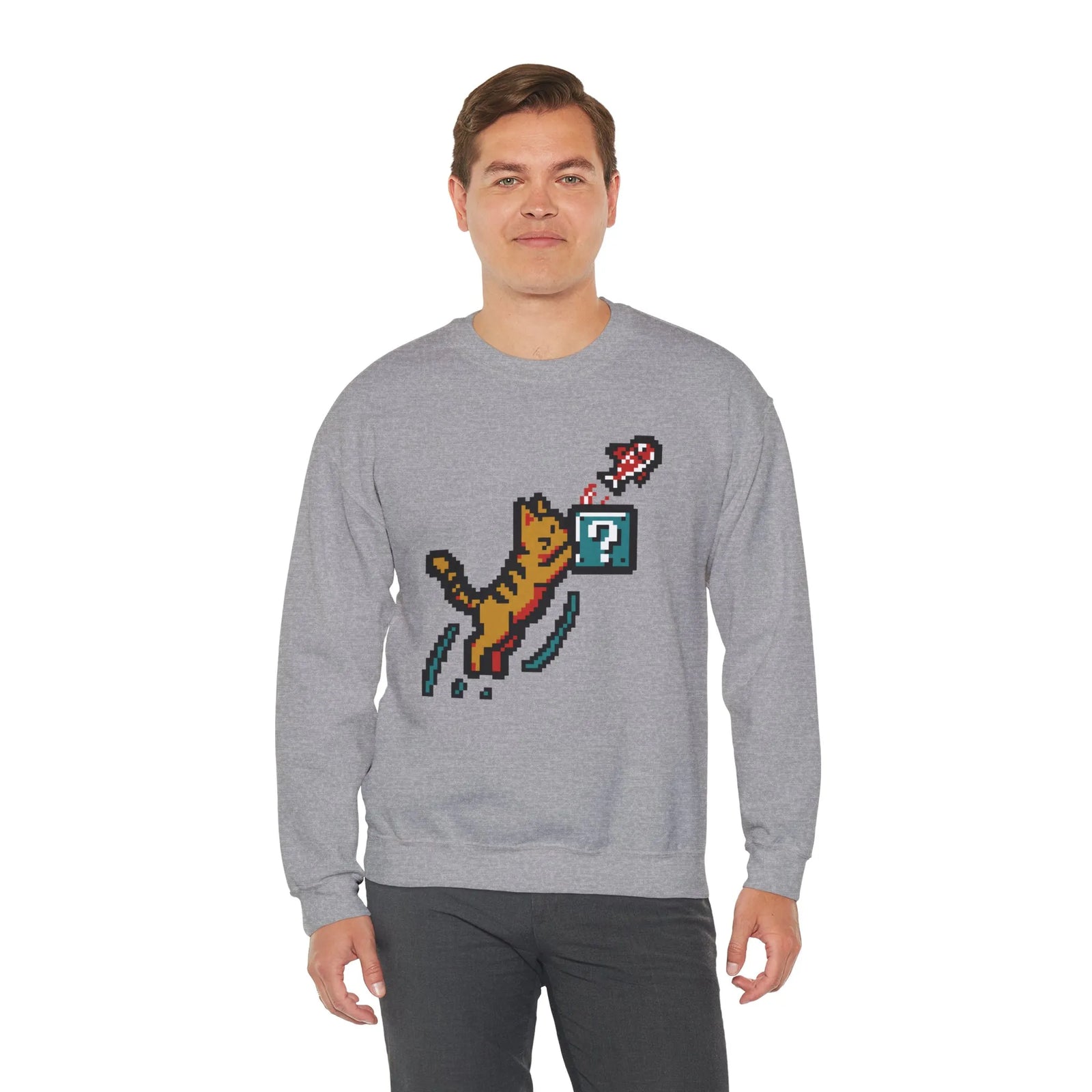 8-Bit Pixel Gaming Cats Sweatshirt - Heavy Blend Fleece Crewneck - Unisex White