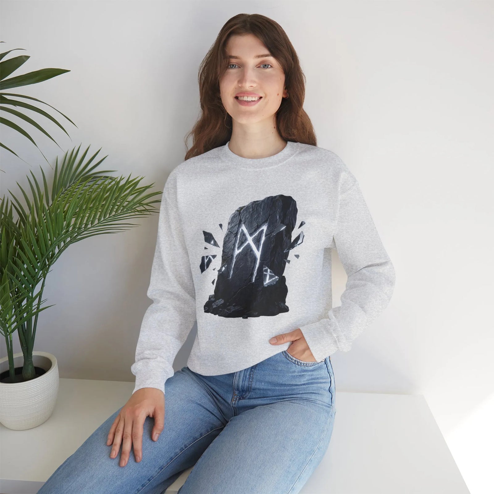 Mannaz Rune Stone Graphic Sweatshirt - Heavy Blend Crewneck Pullover - Unisex Off White