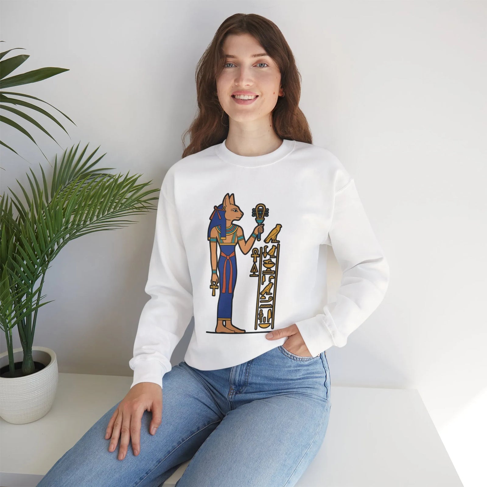 Bastet Sphynx Egyptian Cat Sweatshirt - Heavy Blend Fleece Crewneck - Unisex Ash Gray
