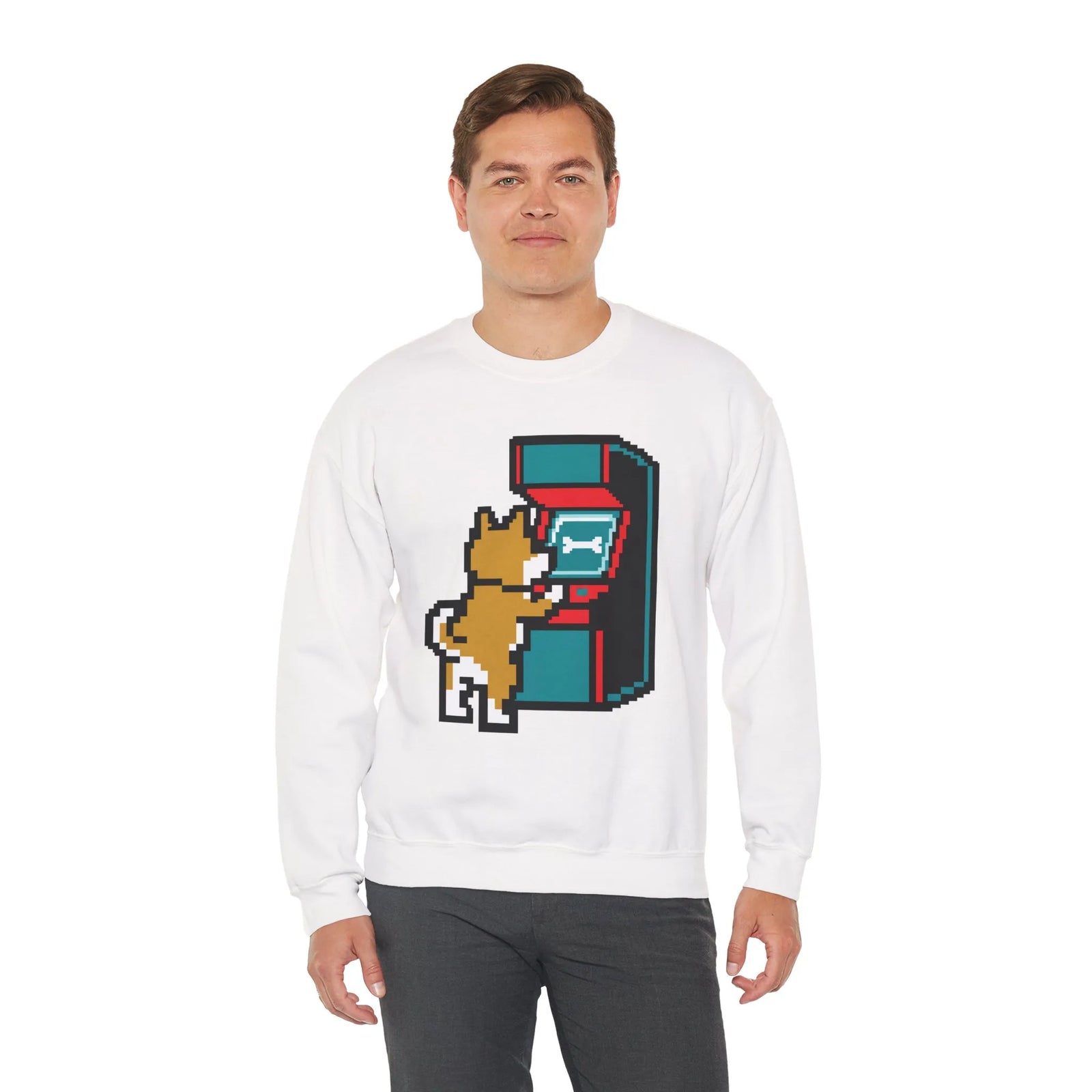 8-Bit Pixel Gaming Dog Sweatshirt - Classic Fit Fleece Crewneck - Unisex White