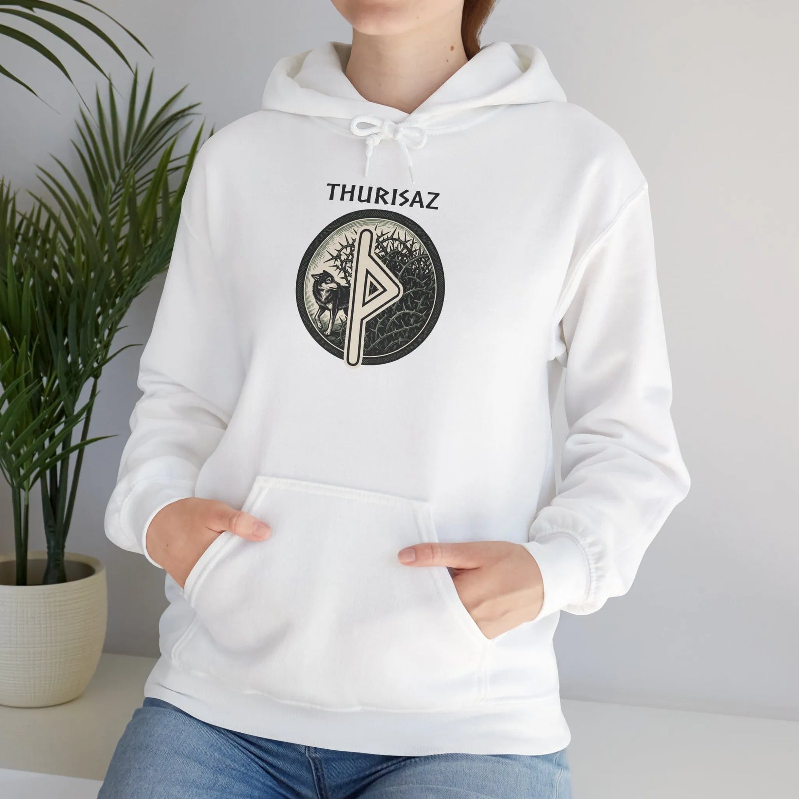 Thurisaz Rune Wolf Graphic Hoodie - Heavy Blend Fleece Pullover - Unisex White