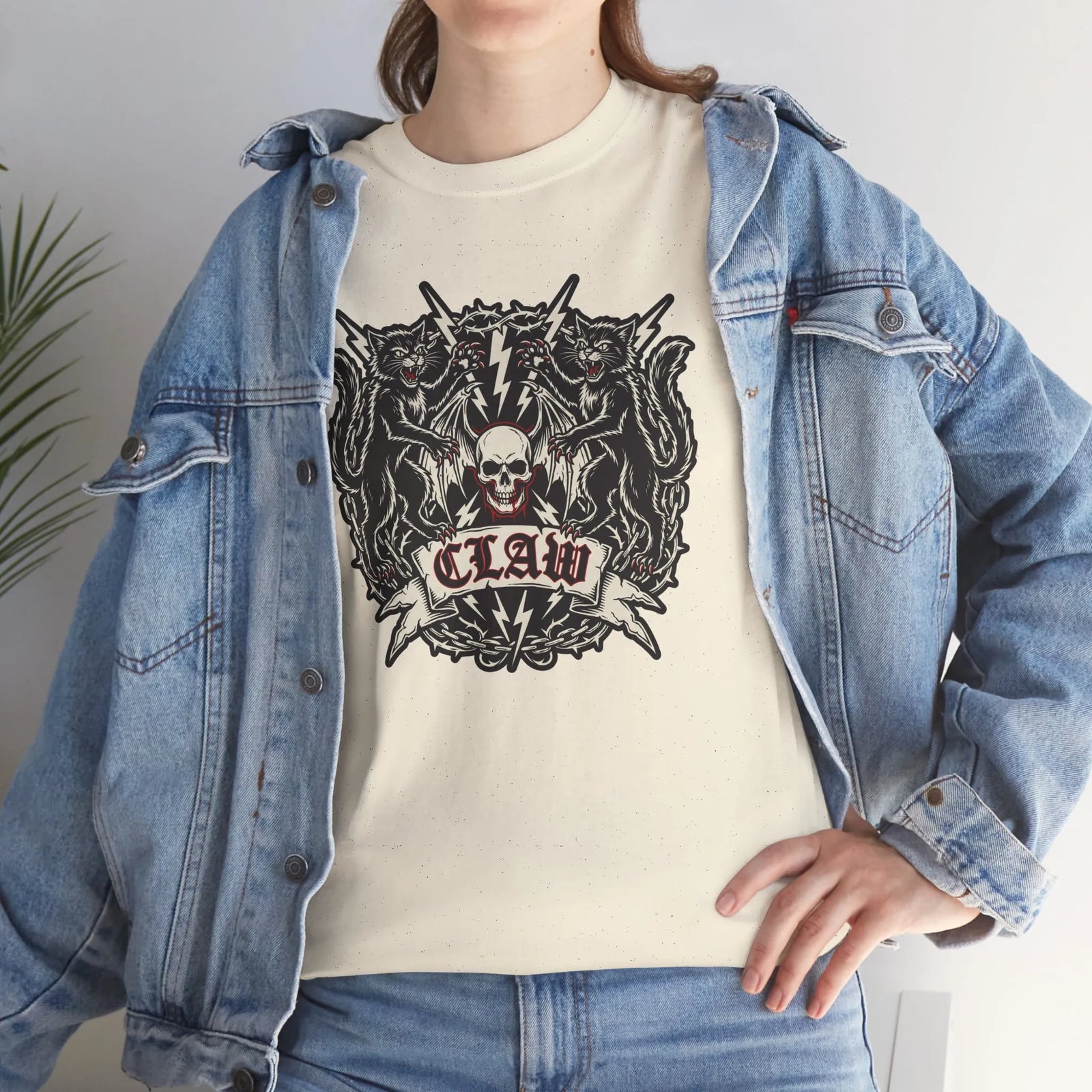 Heavy Metal Rocker Cats Band Crest T-Shirt - Heavy Cotton Classic Fit Tee - Unisex White