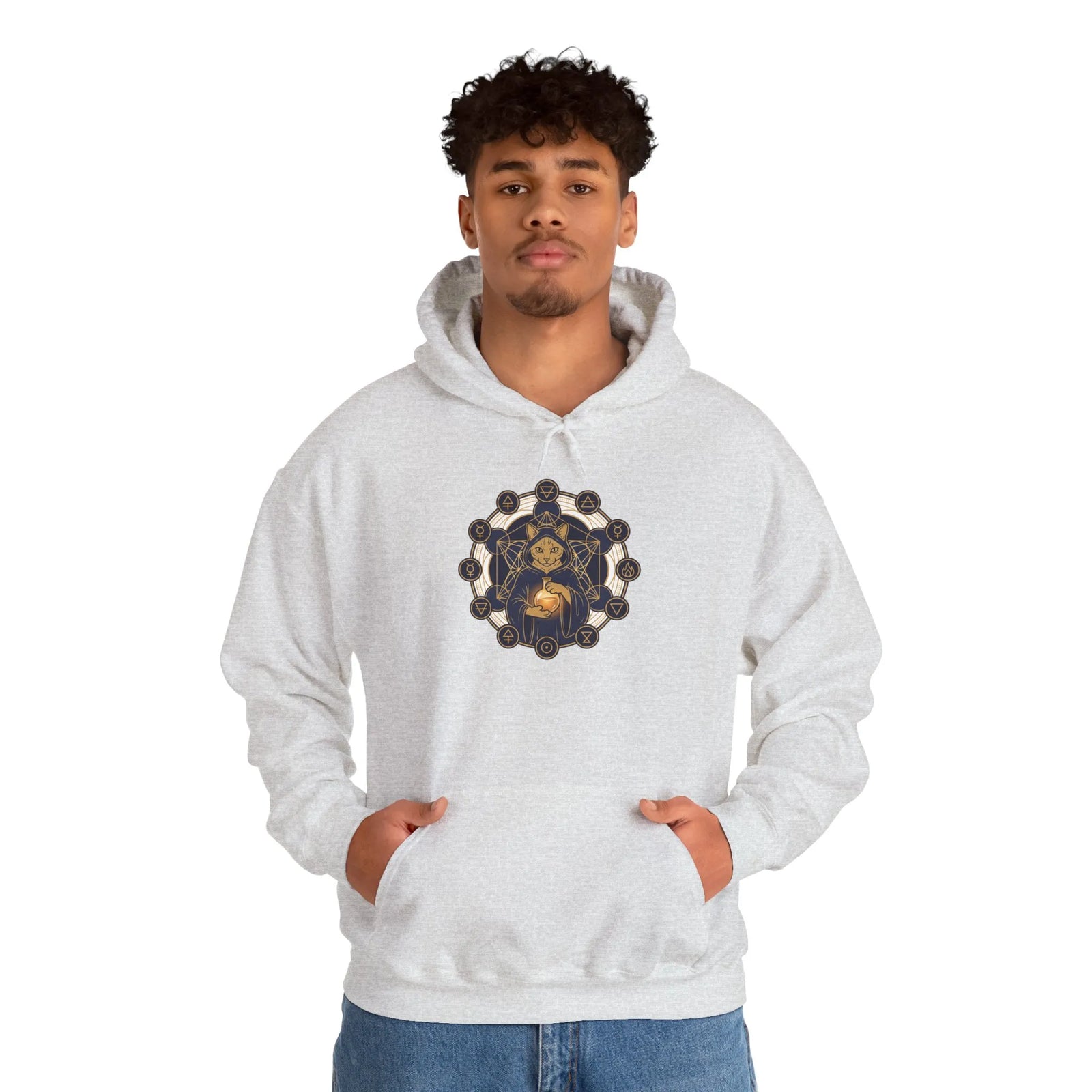 Alchemist Cat Sacred Geometry Hoodie - Soft Heavy Blend Pullover - Unisex White