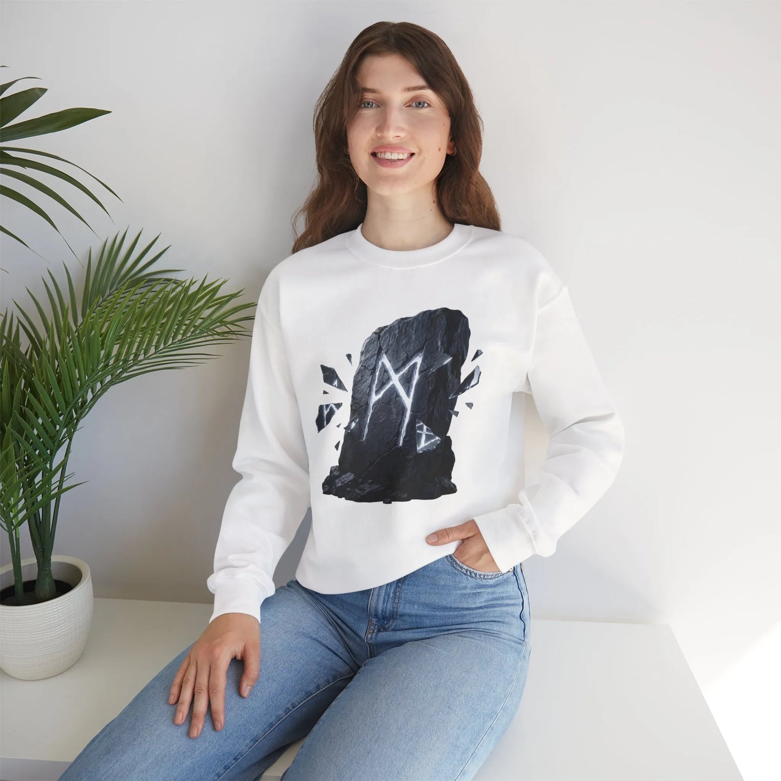 Mannaz Rune Stone Graphic Sweatshirt - Heavy Blend Crewneck Pullover - Unisex Off White