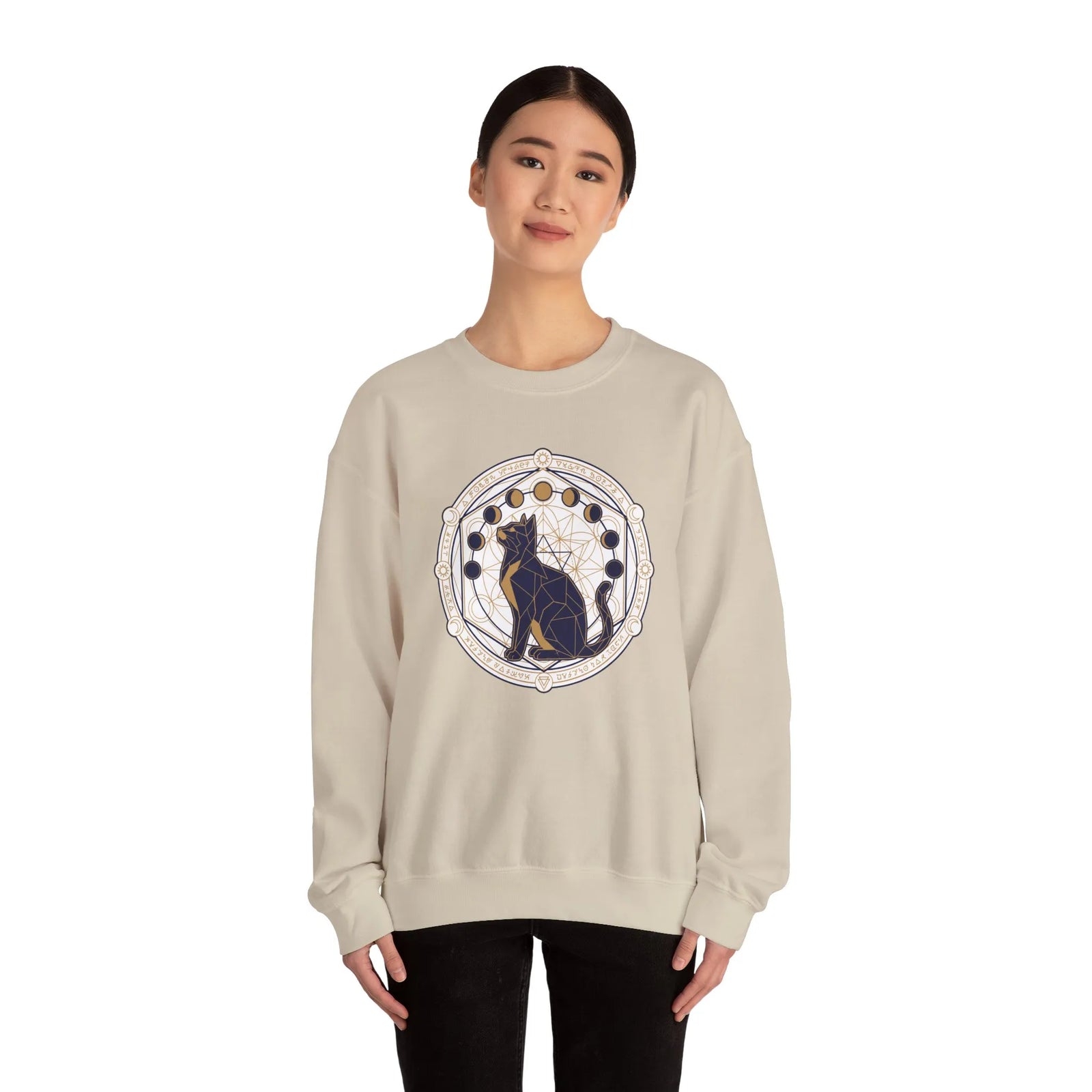Moon Phases Sacred Geometry Cat Sweatshirt - Heavy Blend Cotton Polyester Crewneck - Unisex White