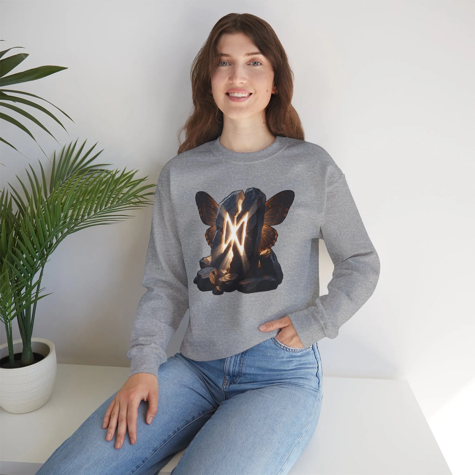 Dagaz Rune Stone Butterfly Sweatshirt - Heavy Blend Cotton Poly Crewneck - Unisex Off-White