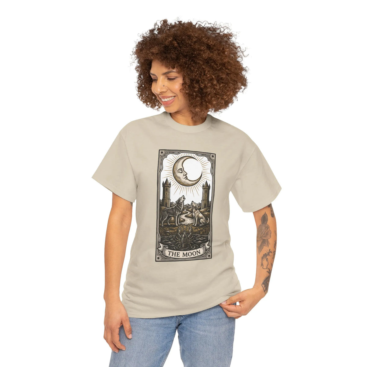 Moonlight Wolves Tarot Graphic T-Shirt - Heavy Cotton Classic Fit Crewneck - Unisex White
