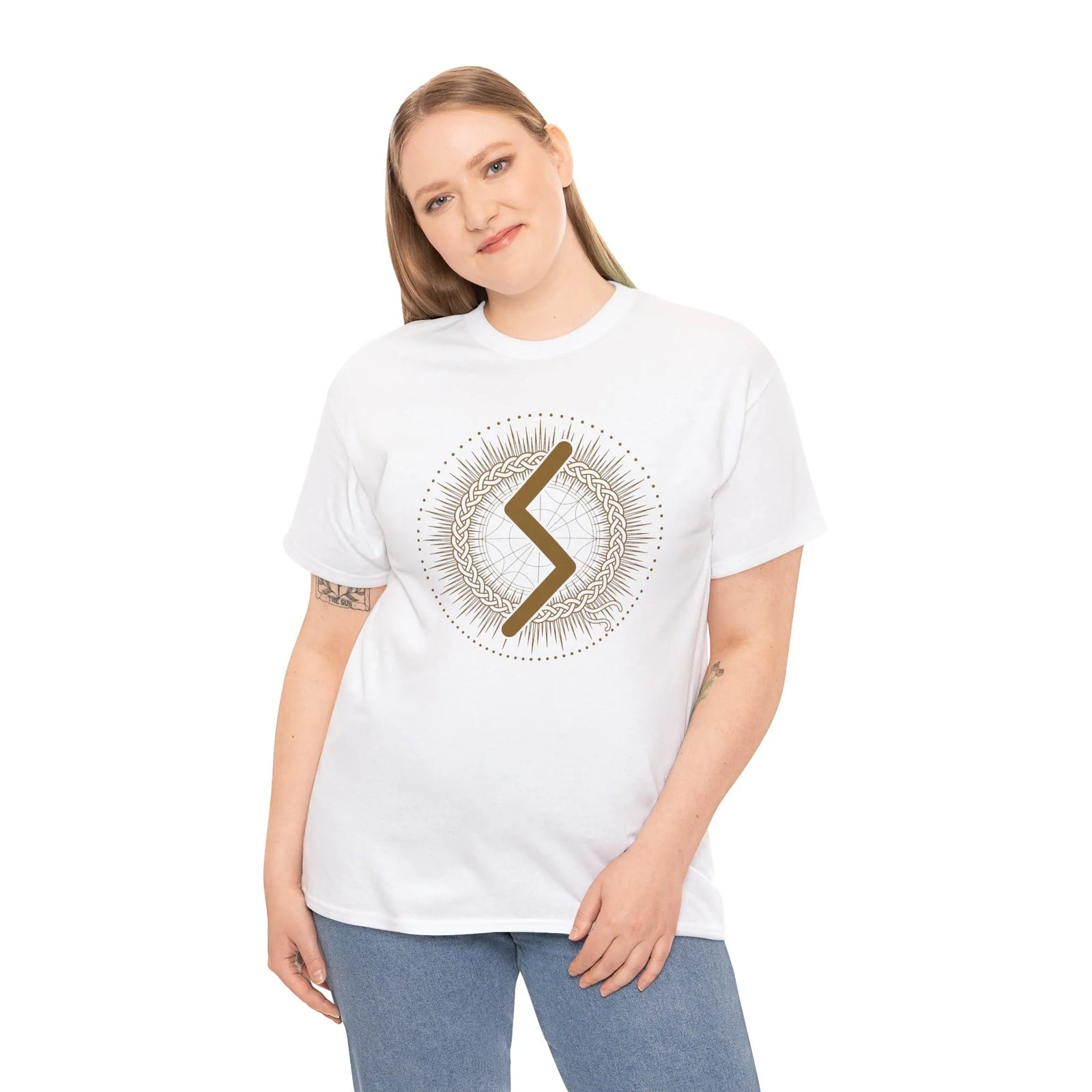 Sowulo Rune Sun Guidance T-Shirt - Heavy Cotton Classic Fit Tee - Unisex White