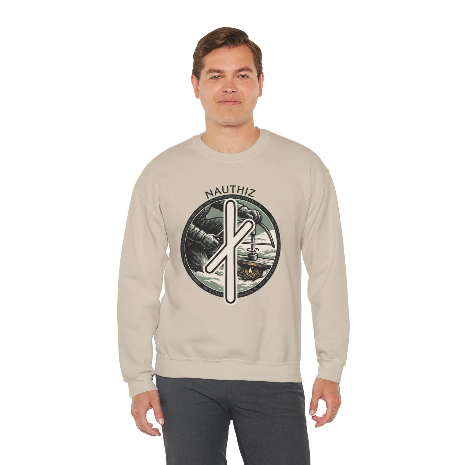 Nauthiz Rune Need-Fire Sweatshirt - Heavy Blend Fleece Crewneck - Unisex White