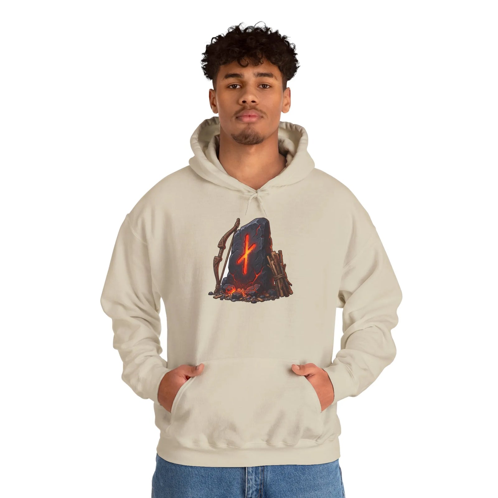 Nauthiz Rune Need-Fire Graphic Hoodie - Soft Cotton Blend Pullover - Unisex White