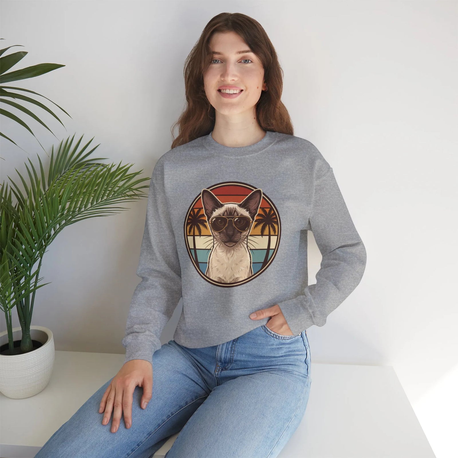 Siamese Cat 70s Sunset Aviator Sweatshirt - Heavy Blend Cotton Blend Crewneck - Unisex White