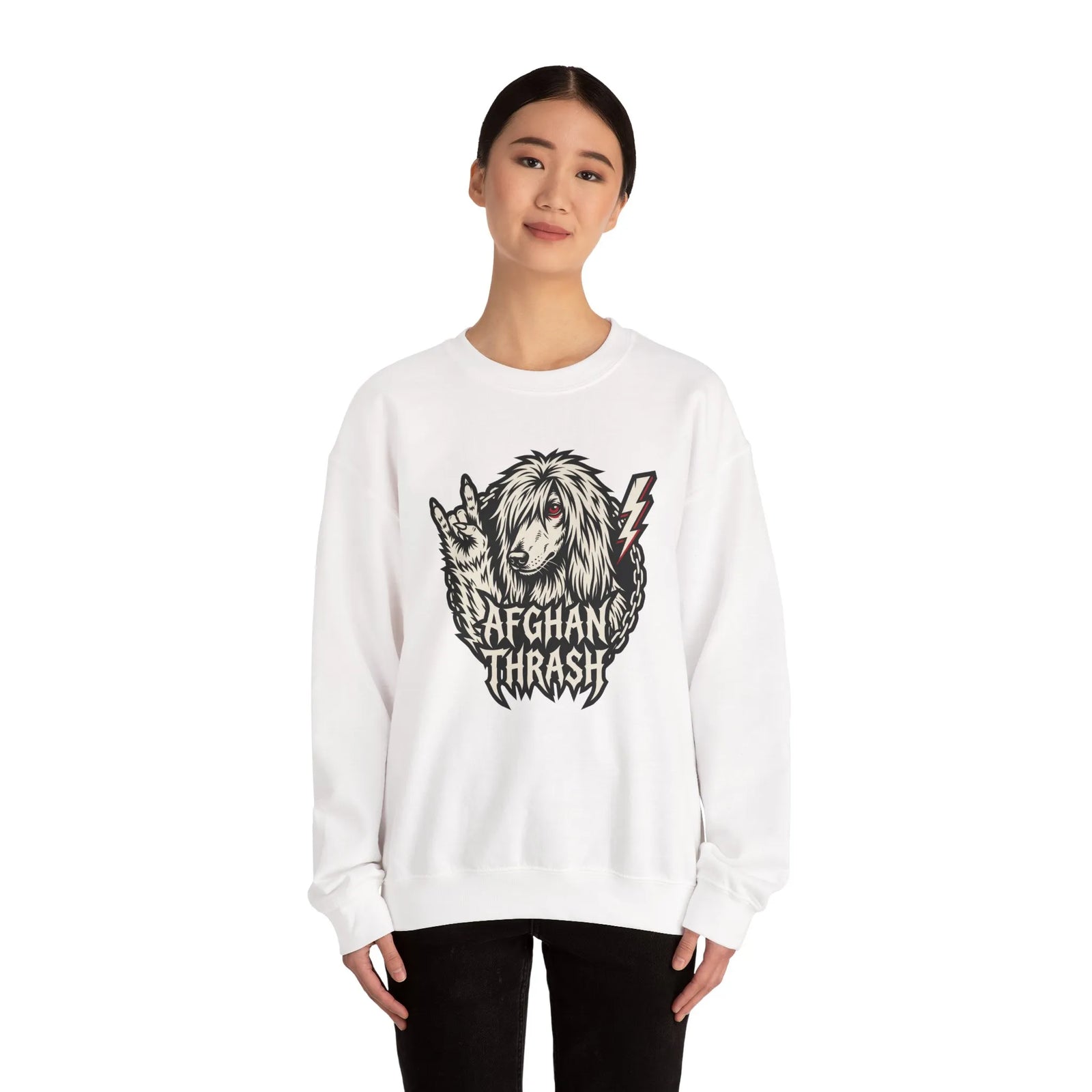 Headbanger Heavy Metal Dog Graphic Sweatshirt - Heavyweight Cotton Blend Fleece - Unisex White