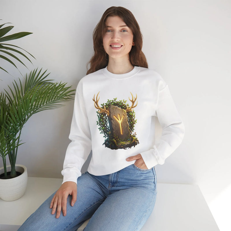 Elhaz Rune Antler Graphic Sweatshirt - Heavy Blend Fleece Crewneck - Unisex White
