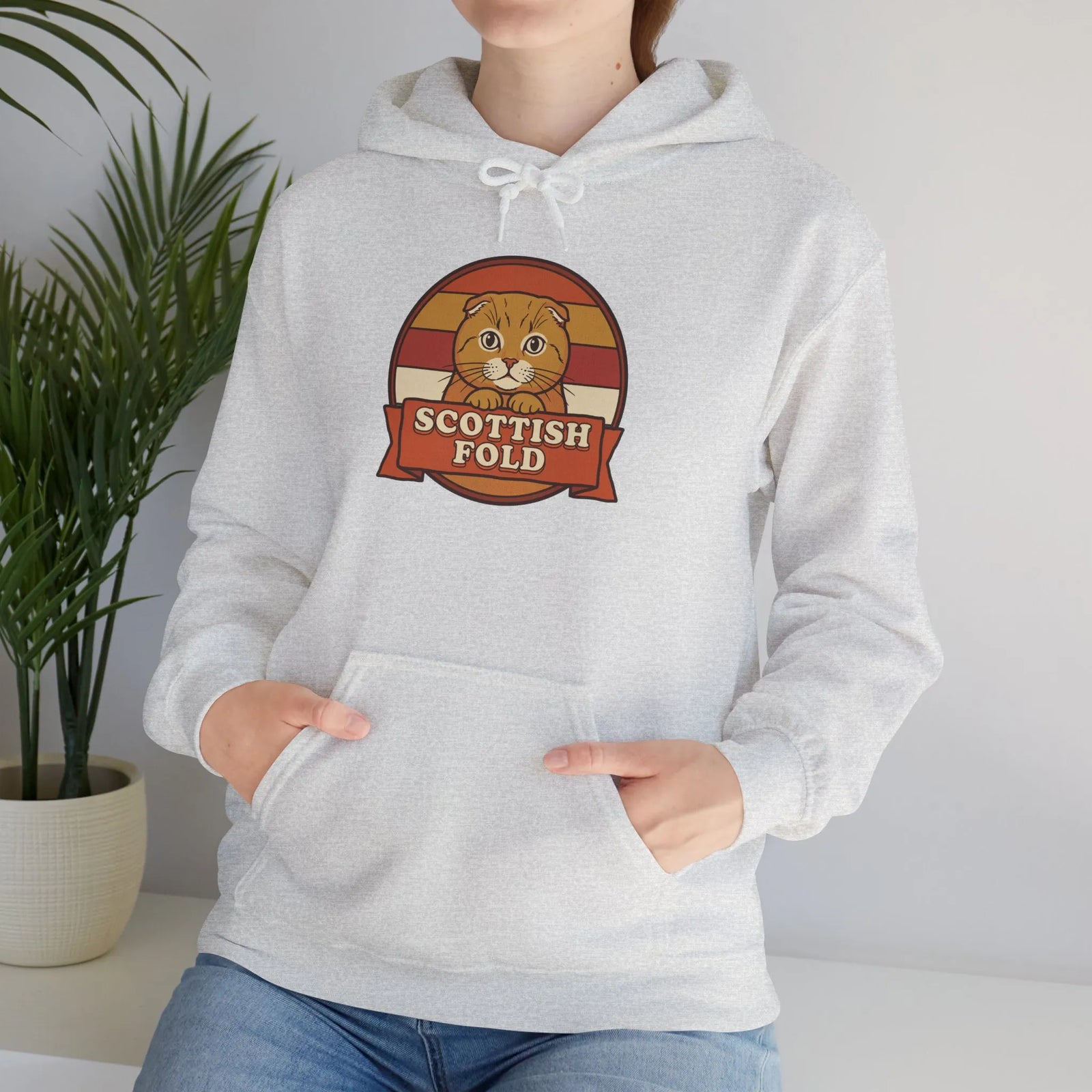 Scottish Fold Retro Sunset Hoodie - Heavy Blend Cotton-Poly Pullover - Unisex White