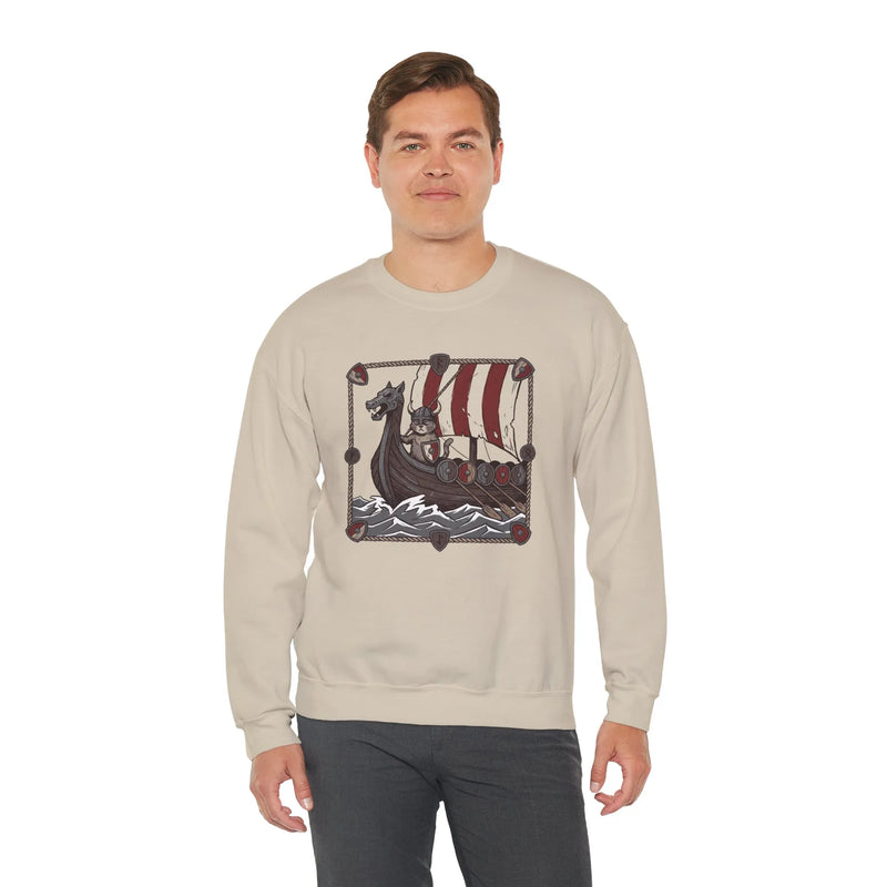 Longship Prow Viking Berserker Cats Sweatshirt - Heavyweight Cotton Blend Crewneck - Unisex White