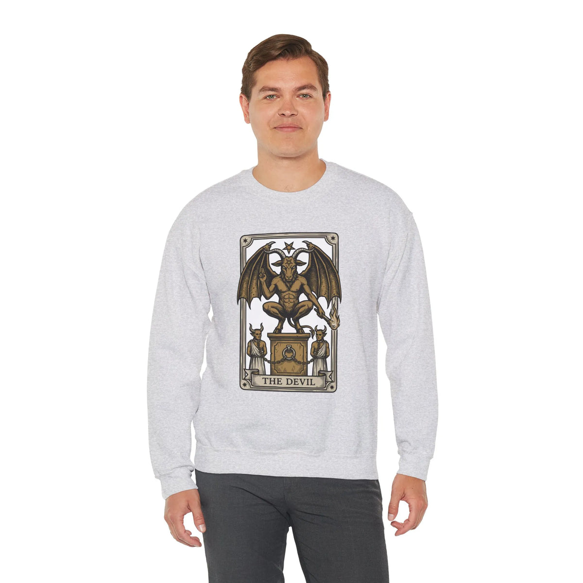 Devil Tarot Card Graphic Sweatshirt - Heavy Blend Fleece Crewneck - Unisex White