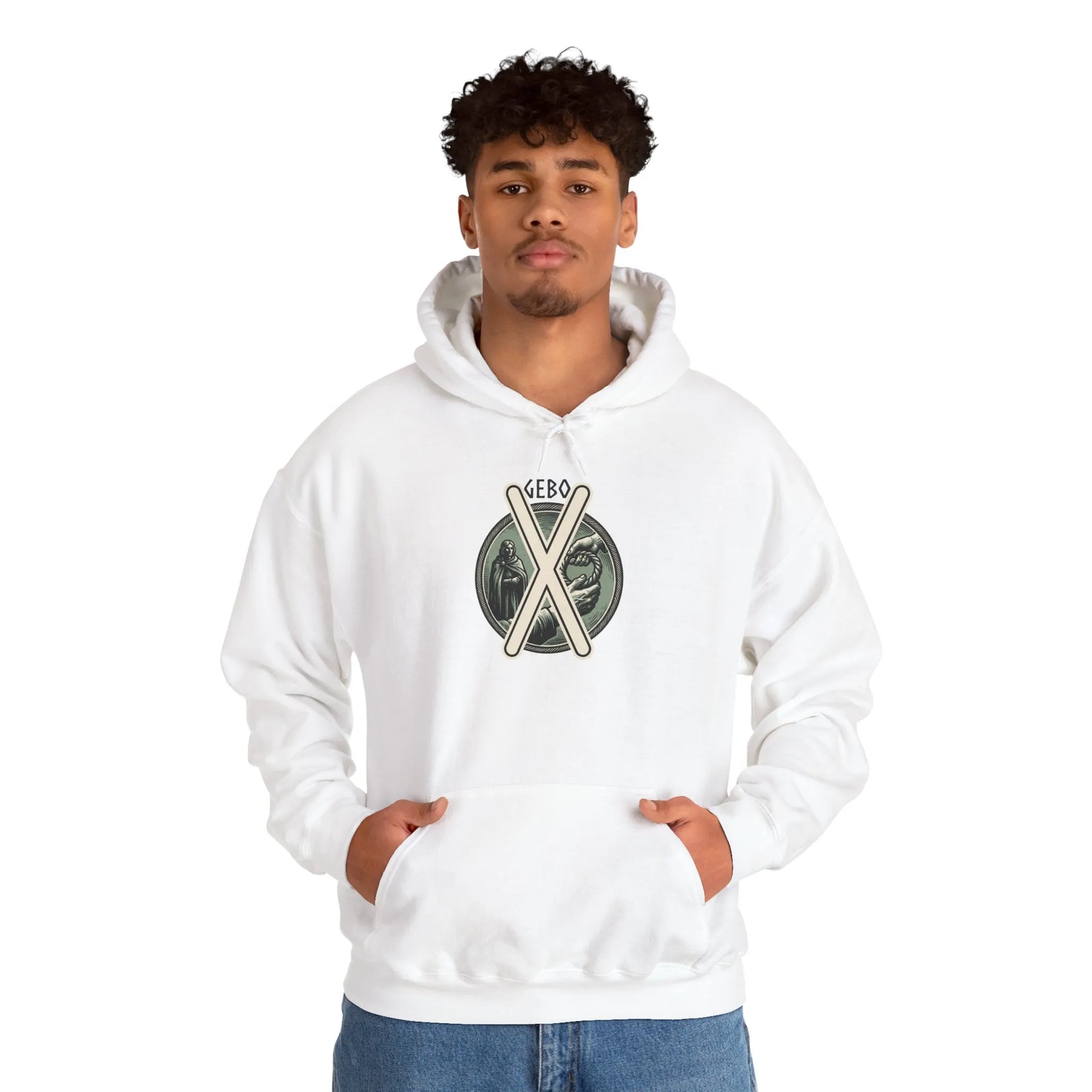 Gebo Rune Gift Exchange Hoodie - Heavy Blend Fleece Pullover - Unisex White