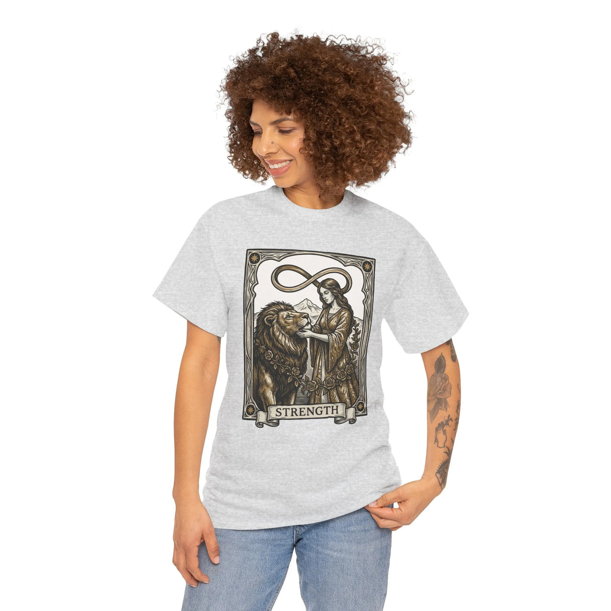 Tarot Strength Card Graphic T-Shirt - Heavy Cotton Classic Fit Crewneck - Unisex White