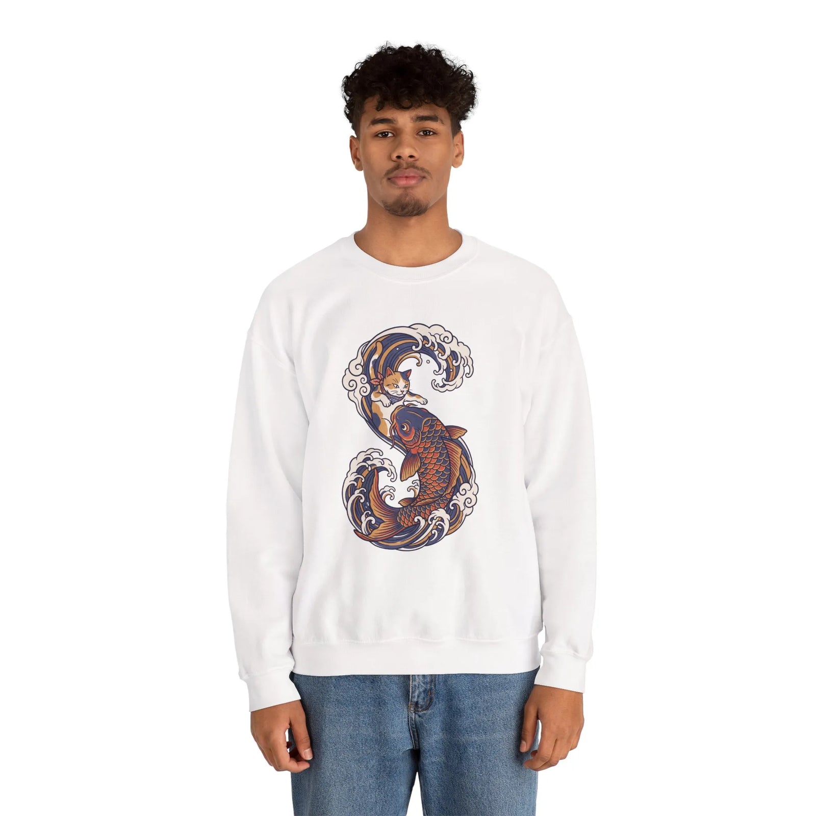 Koi Rider Ukiyo-e Samurai Cats Sweatshirt - Heavy Blend Fleece Crewneck - Unisex Ash