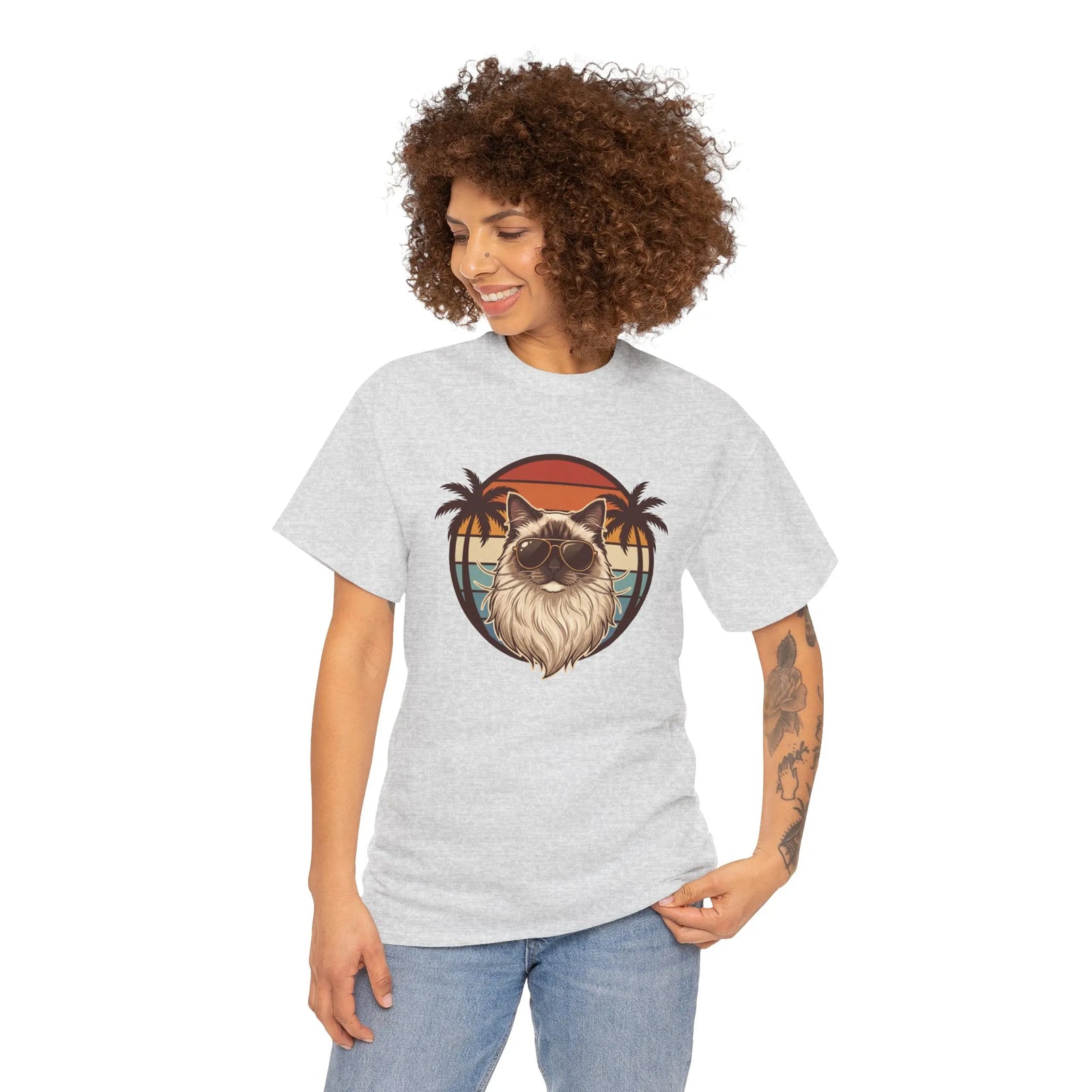 Ragdoll Cat 70s Sunset Aviators T-Shirt - Heavy Cotton Classic Fit Tee - Unisex White