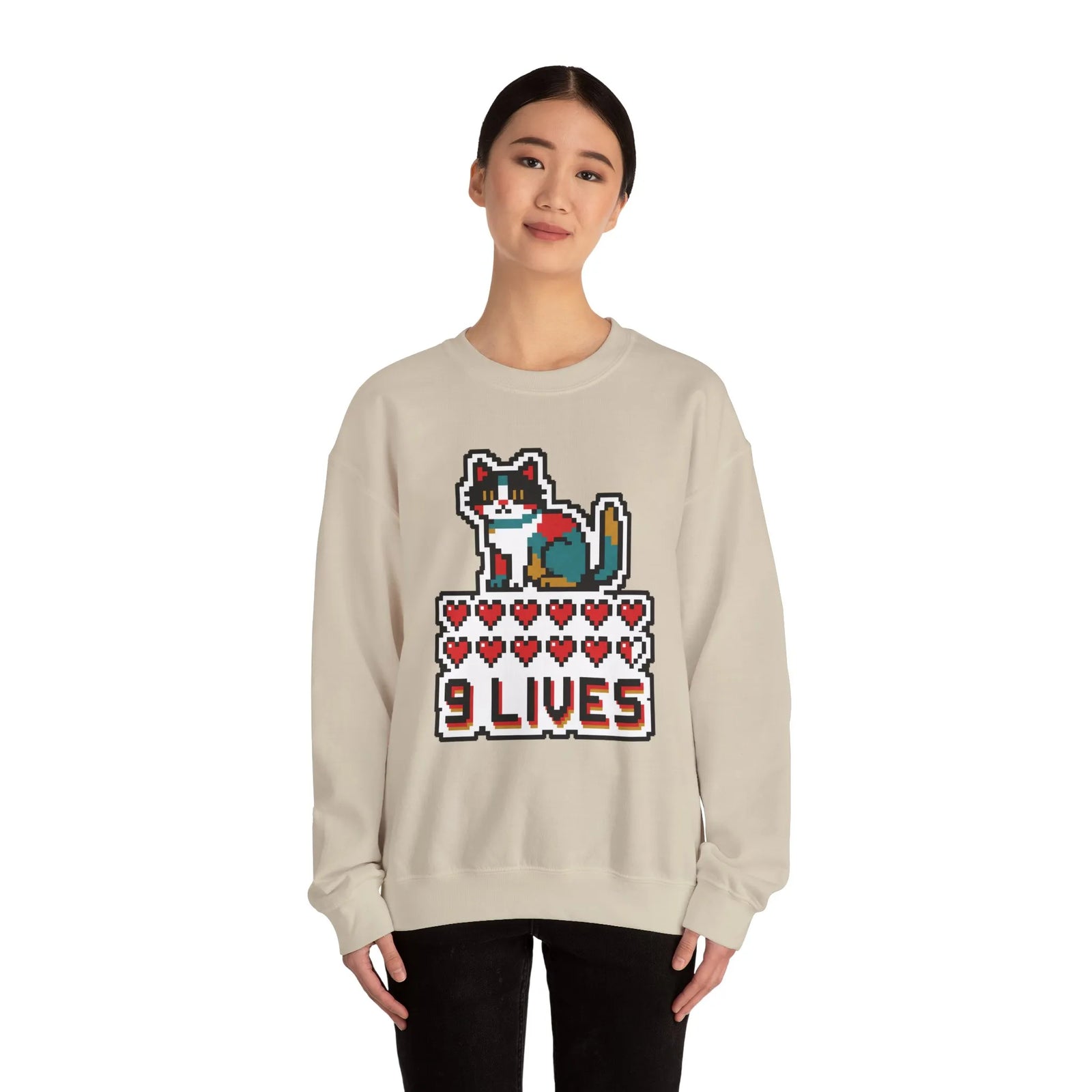 Nine Lives 8-Bit Pixel Gaming Cat Sweatshirt - Heavy Blend Fleece Crewneck - Unisex White