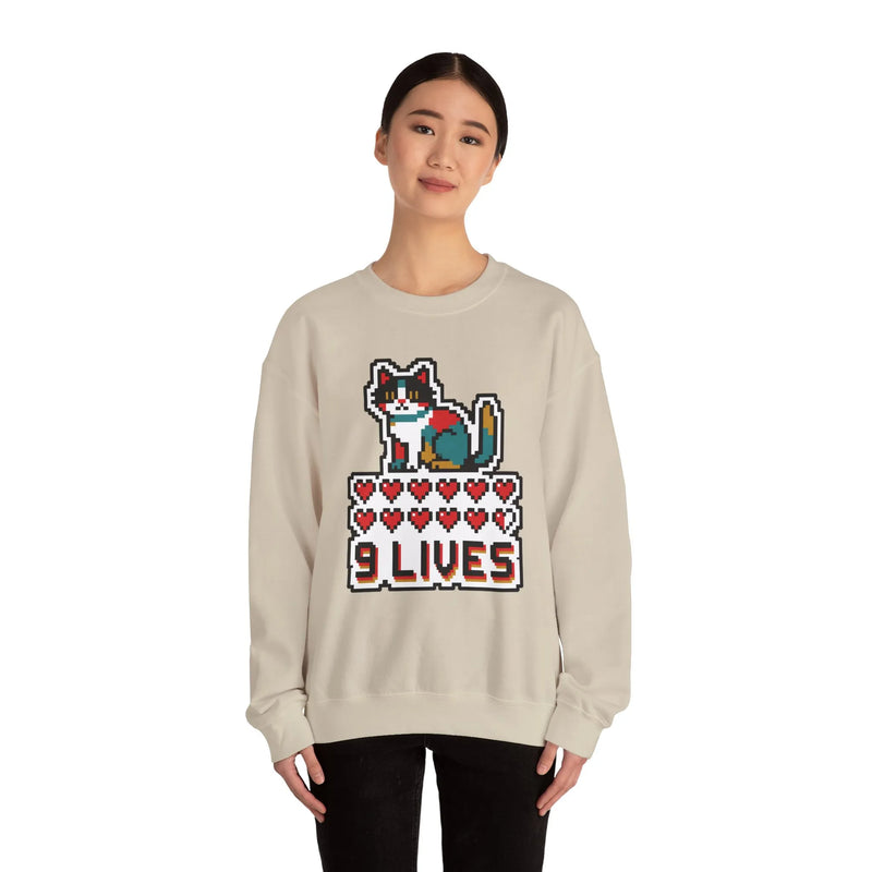 Nine Lives 8-Bit Pixel Gaming Cat Sweatshirt - Heavy Blend Fleece Crewneck - Unisex White