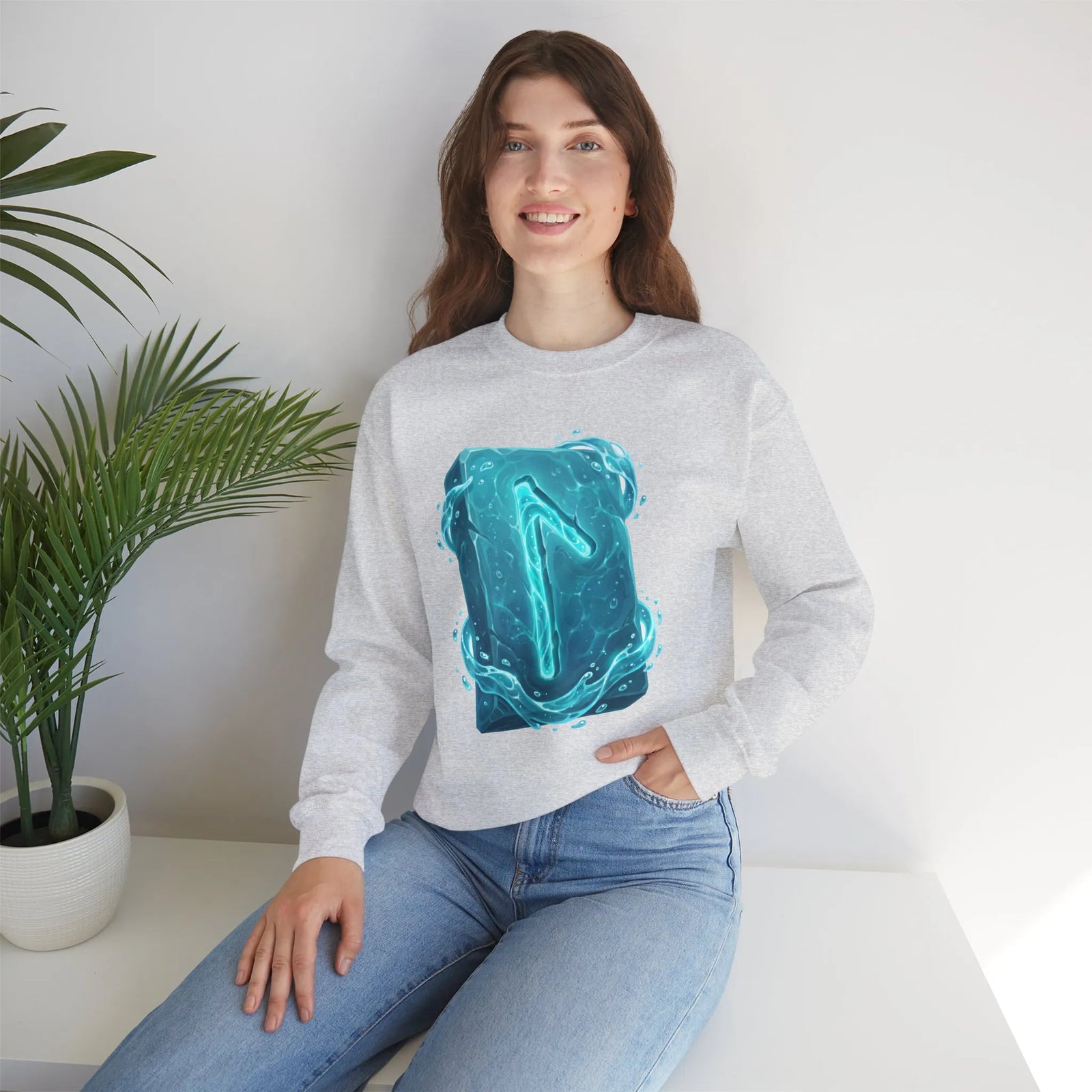 Laguz Water Rune Symbol Sweatshirt - Heavy Blend Crewneck Fleece - Unisex Ash Gray