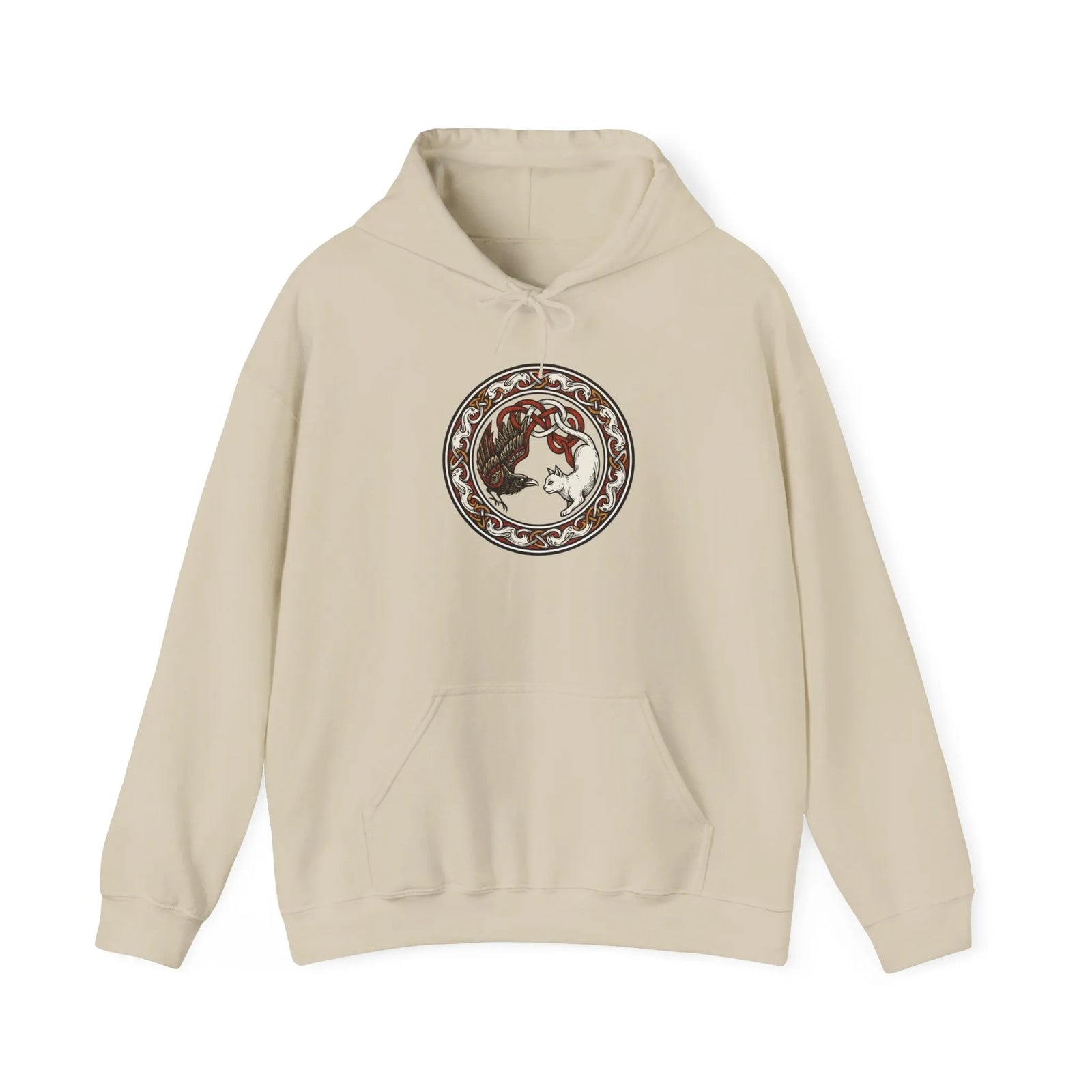 Freyja's Cats & Raven Norse Woodcut Hoodie - Soft Medium-Heavy Blend Pullover - Unisex White