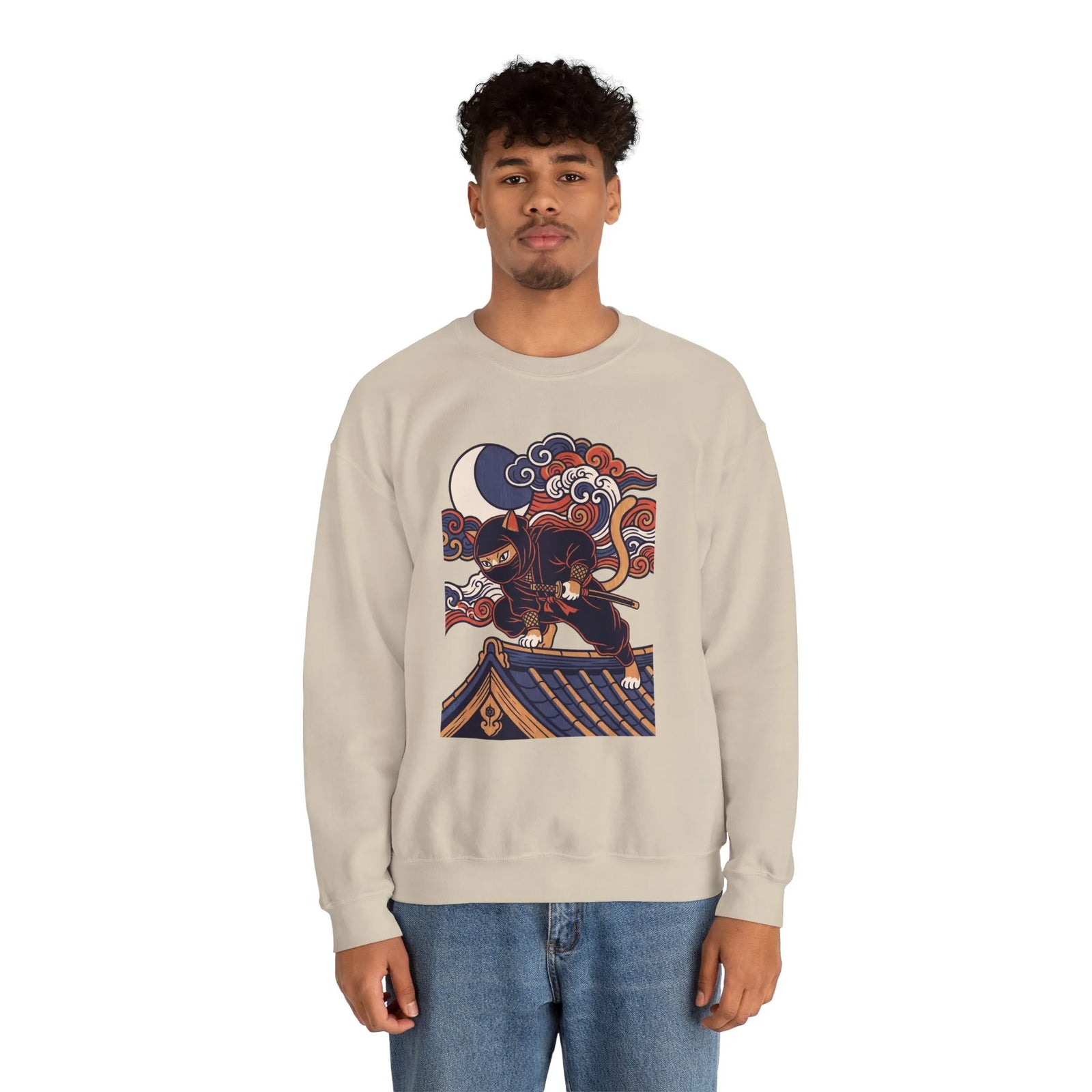 Ninja Cat Ukiyo-e Samurai Sweatshirt - Soft Heavyweight Fleece Crewneck - Unisex White