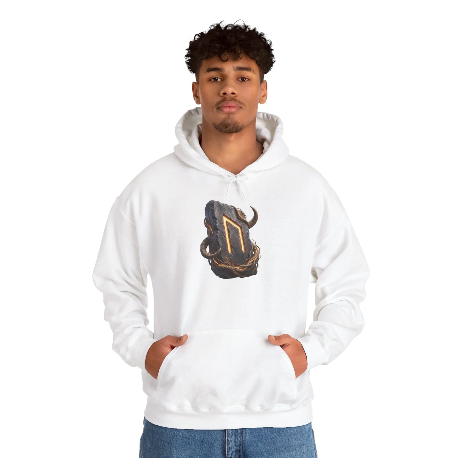 Uruz Runic Symbol Hoodie - Heavy Blend Fleece Pullover - Unisex Off White