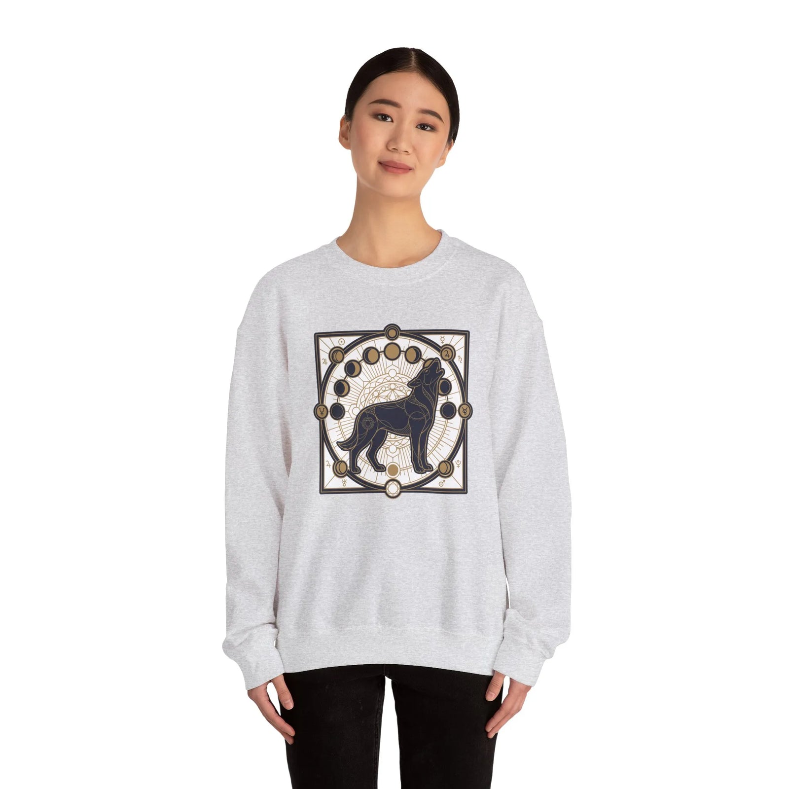 Sacred Geometry Spirit Dog Sweatshirt - Heavyweight Cotton Blend Crewneck - Unisex White